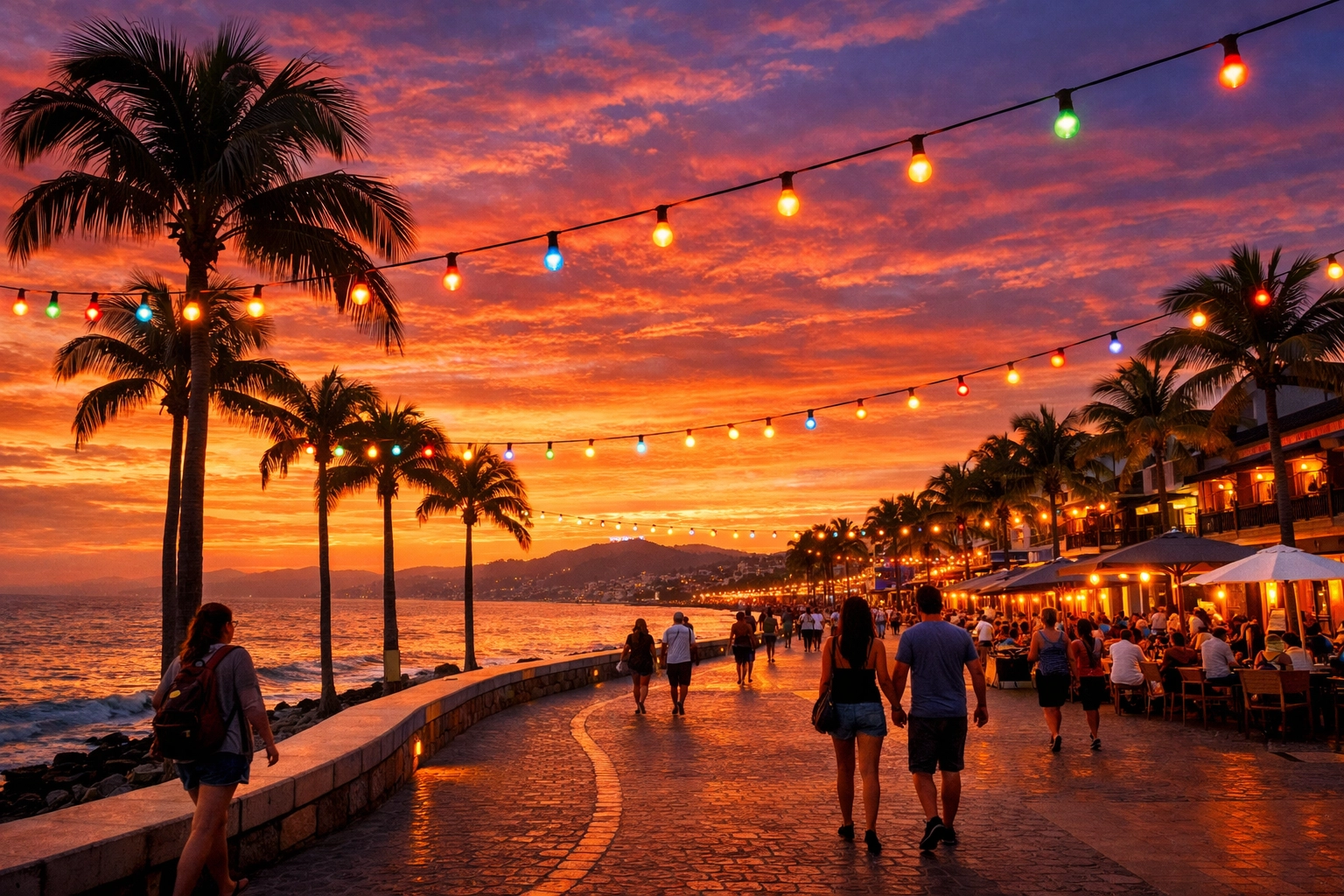 Puerto Vallarta Malecón boardwalk at sunset with string lights and palm trees along the oceanfront