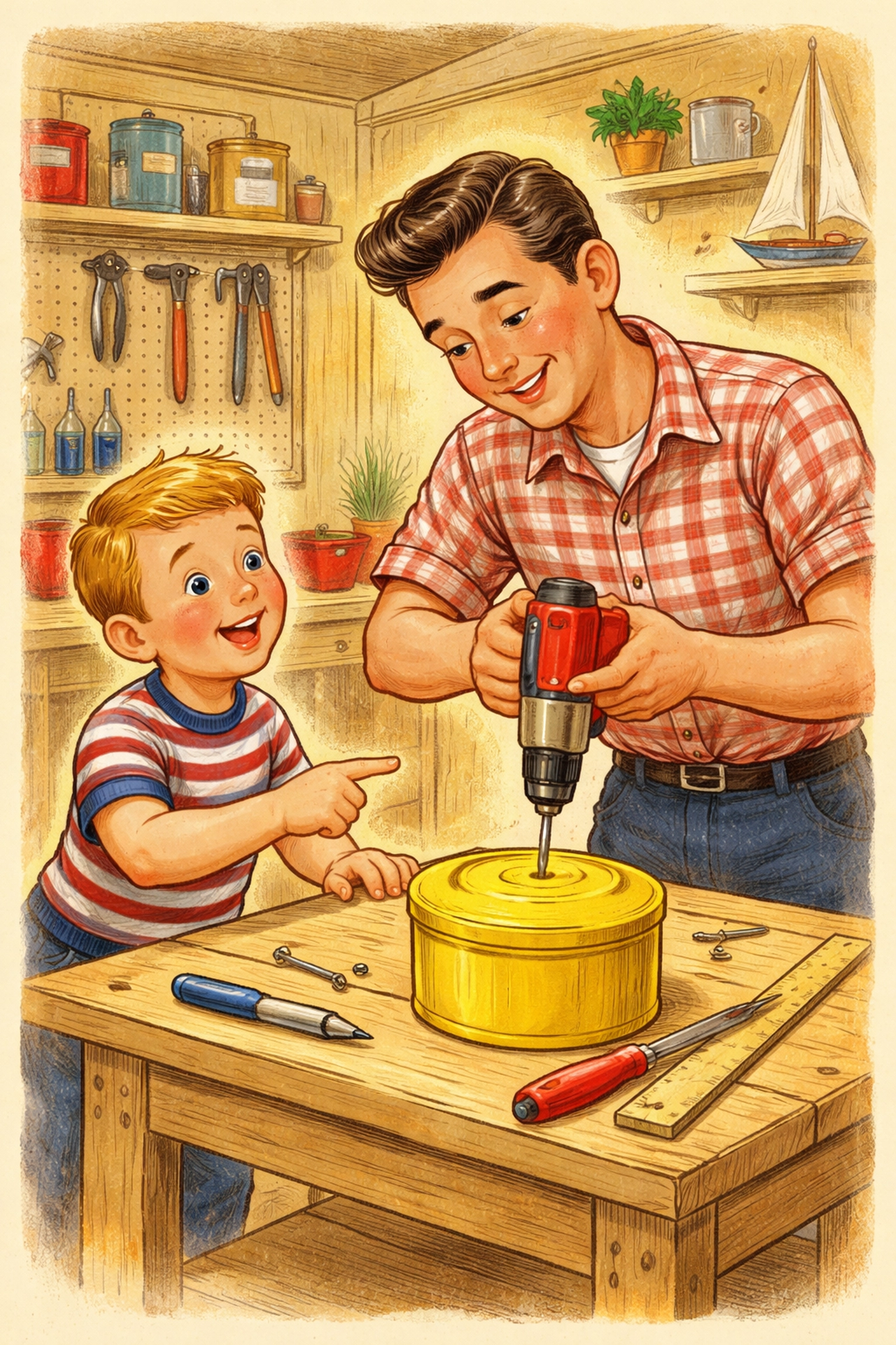 Parent and child working together at a workbench drilling a bucket lid, showing family-friendly steps to build a DIY hydroponic system.