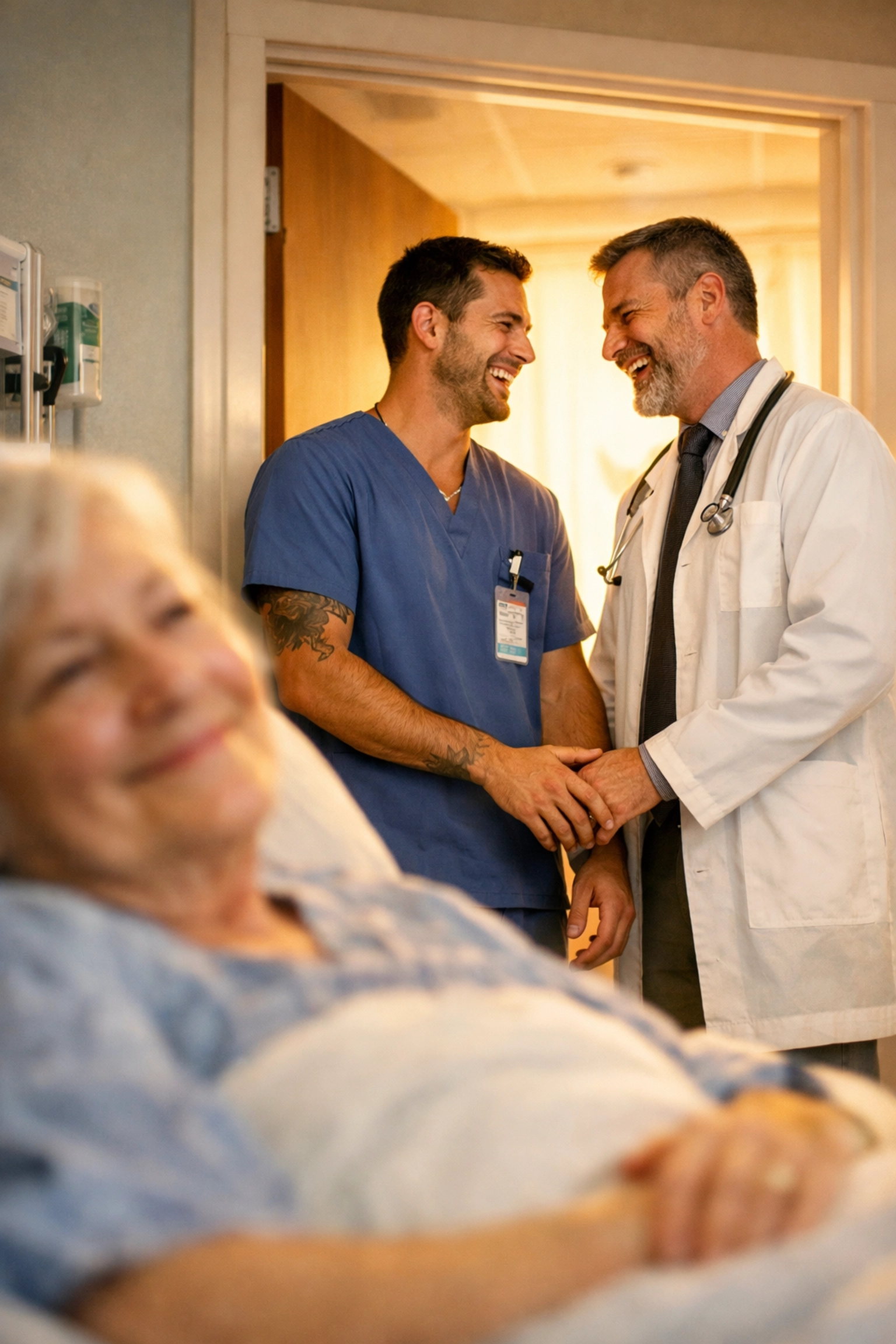 A patient smiles as a gay nurse and doctor share a lighthearted romantic connection in a hospital.