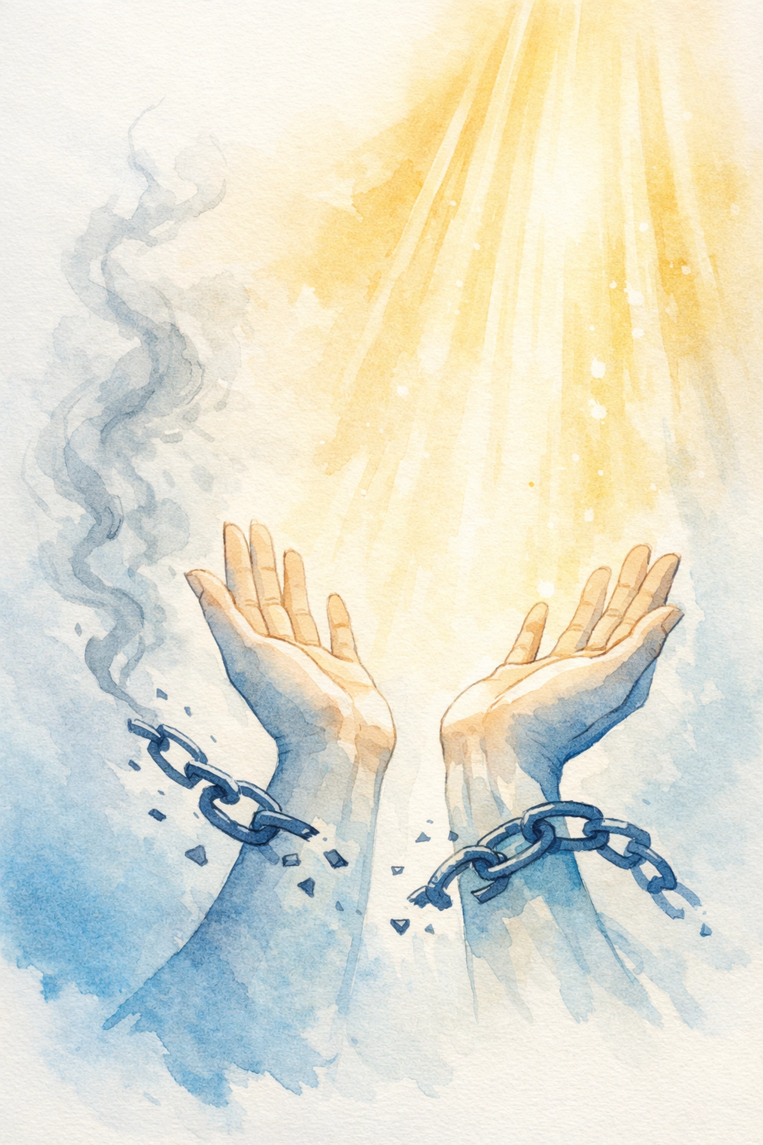 Broken chains falling from hands reaching toward light, breaking free from burnout lies through faith