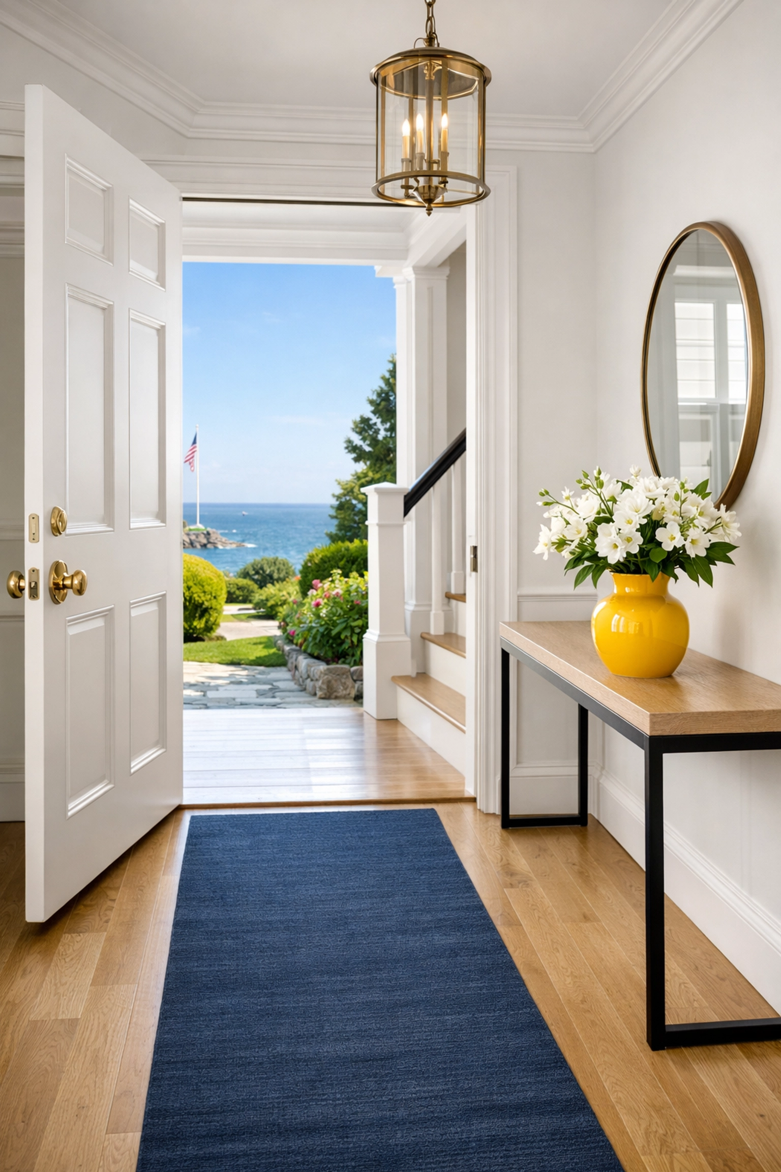 Bright and guest-ready foyer in a historic home following luxury house cleaning in Marblehead.