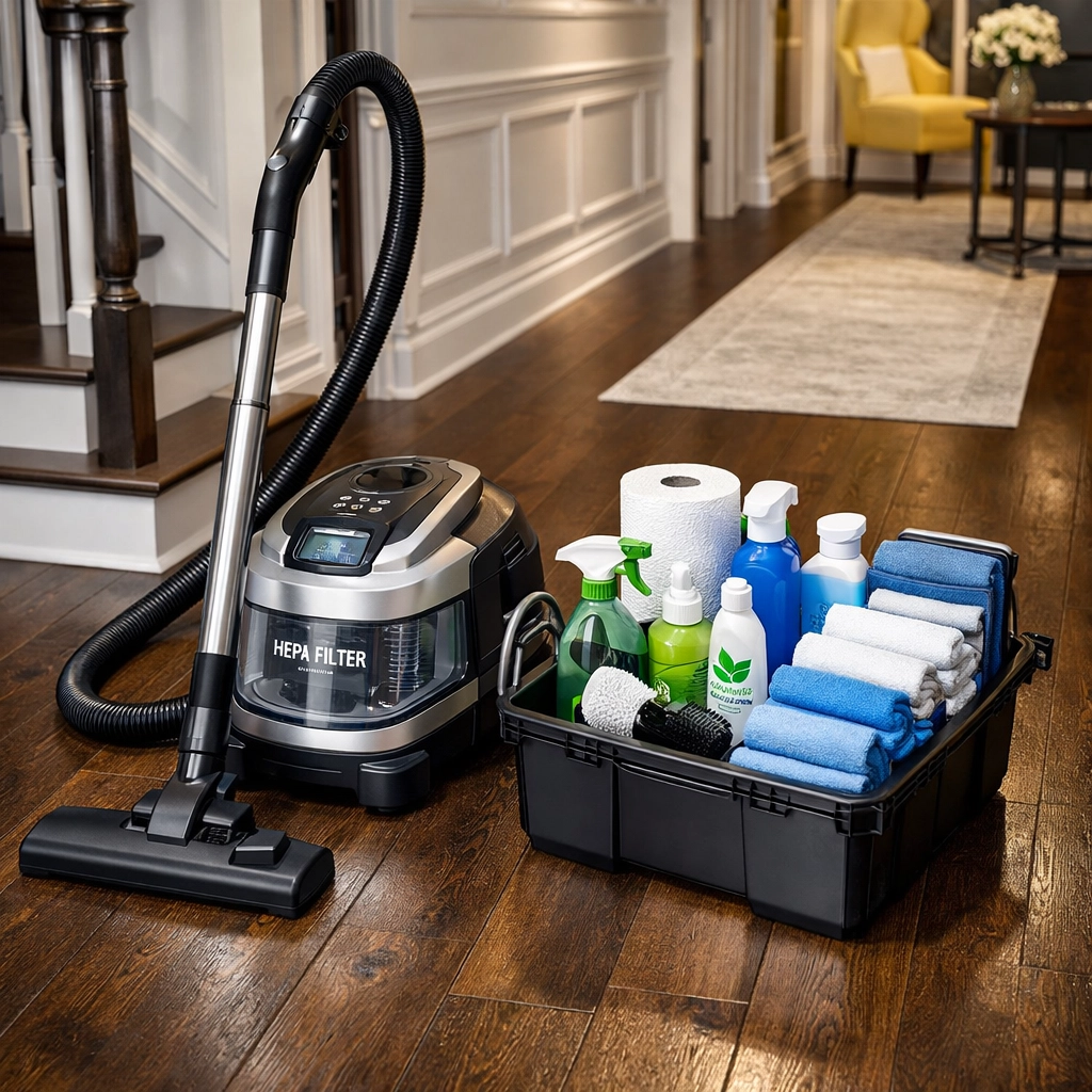 Professional HEPA vacuum and cleaning supplies ready for high-quality deep cleaning services.