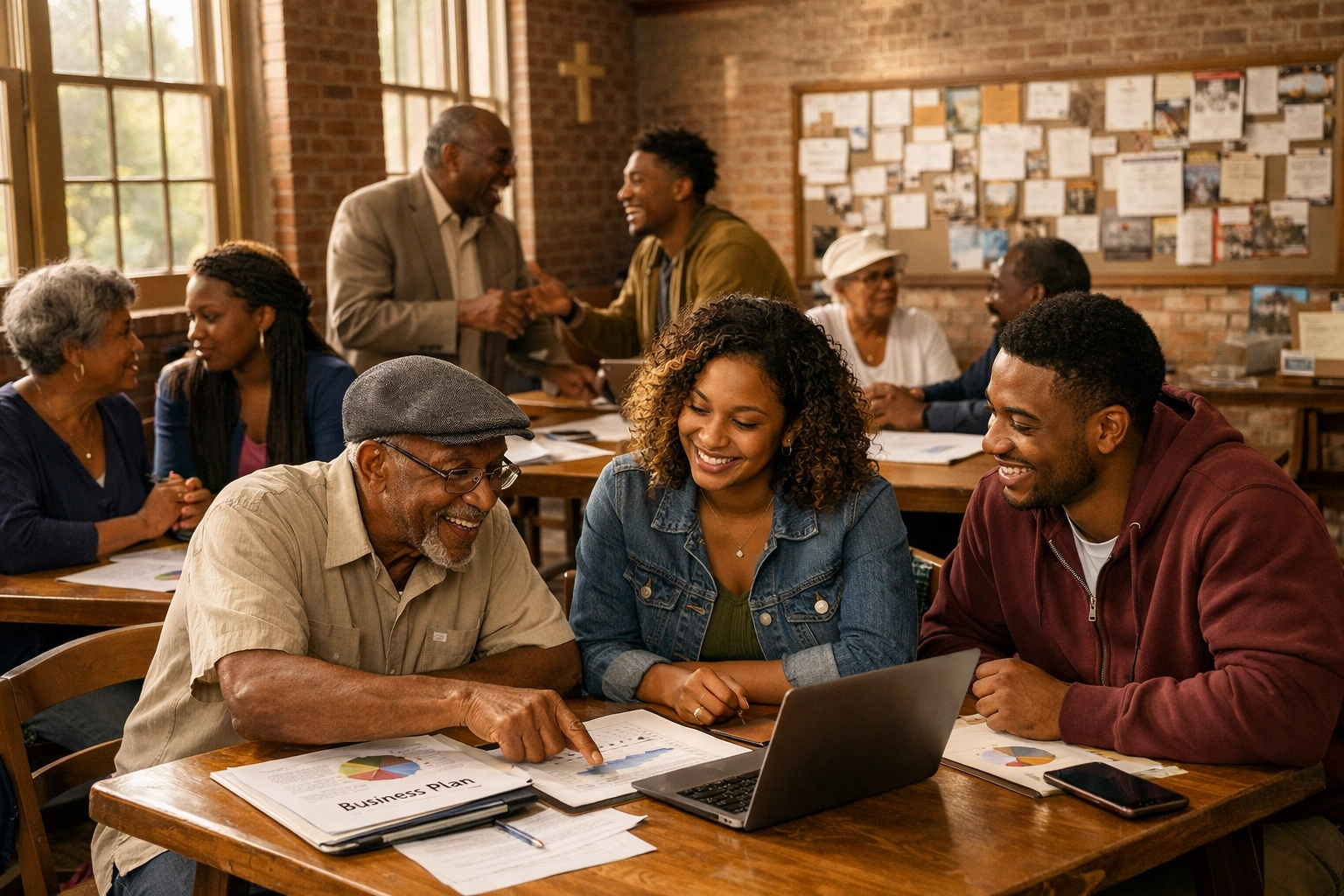 Black church members collaborating on business plans in fellowship hall for community economic development