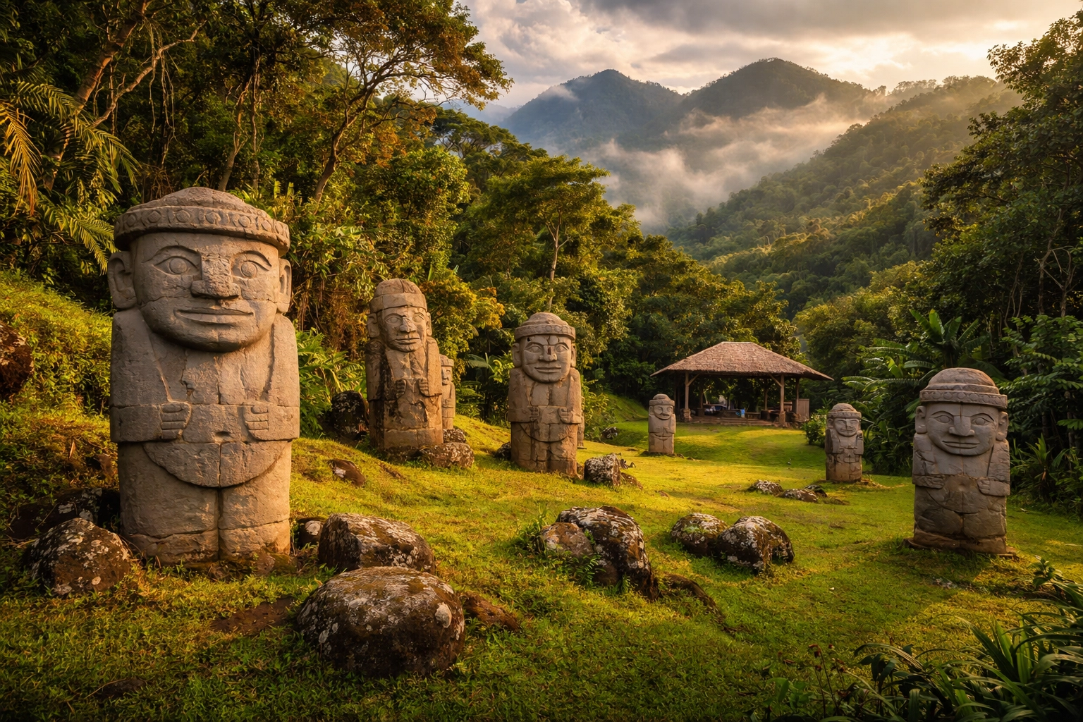 Ancient stone statues at San Agustín Archaeological Park set against misty Colombian Andes mountains