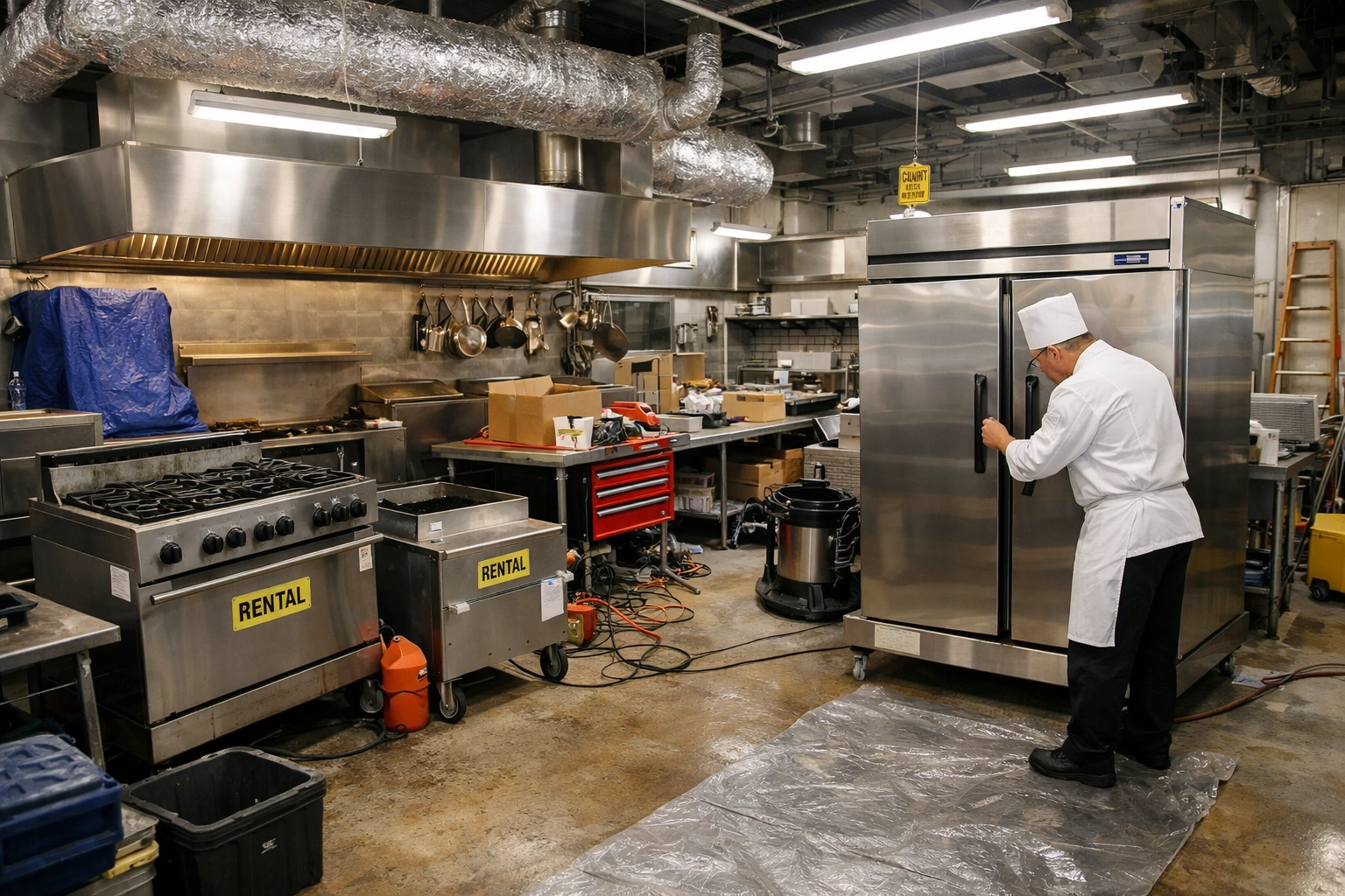 Chef inspecting replacement kitchen equipment during hurricane recovery operations