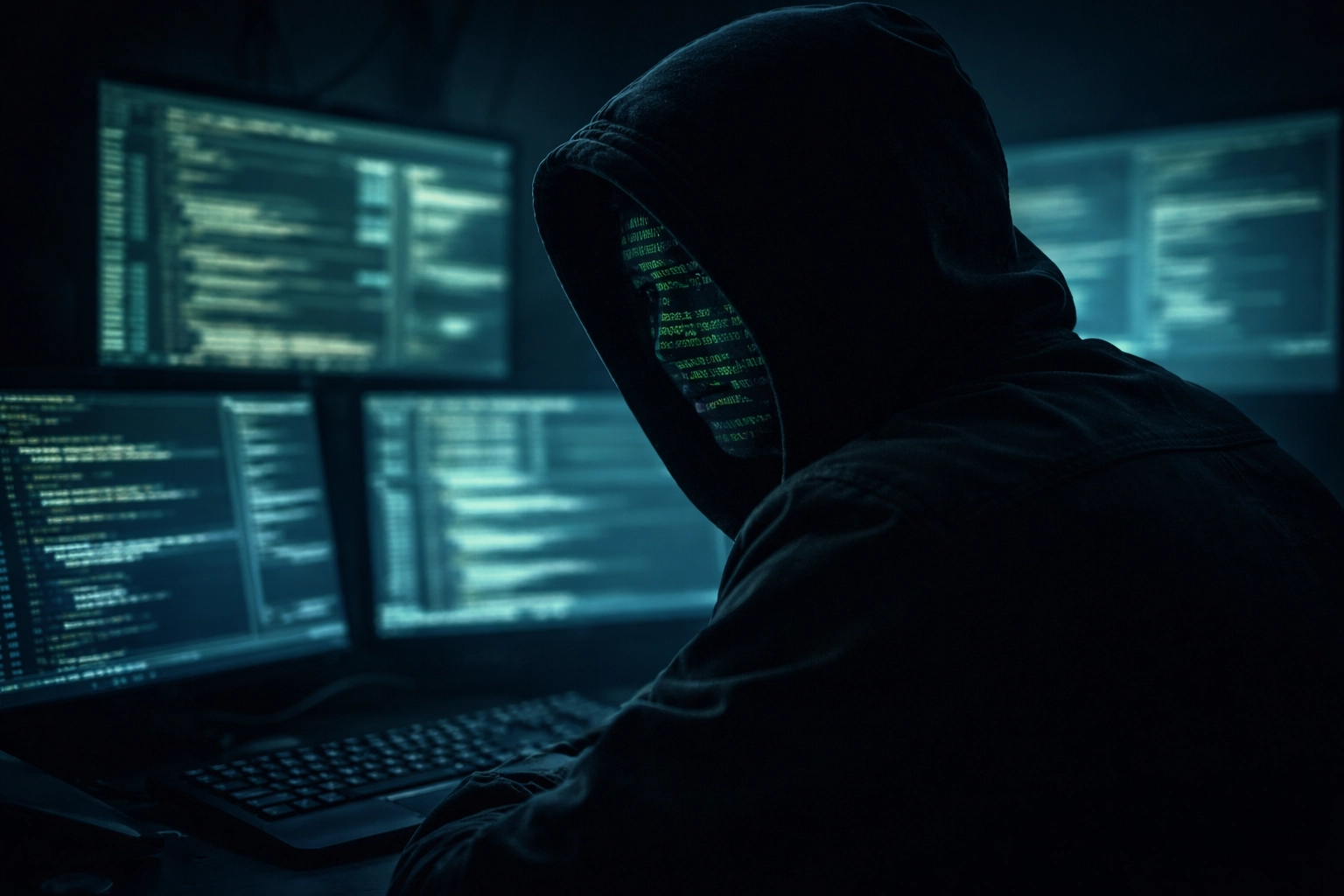 Silhouette of a cybercriminal at computers highlights small business cyberattack threats in Ohio.