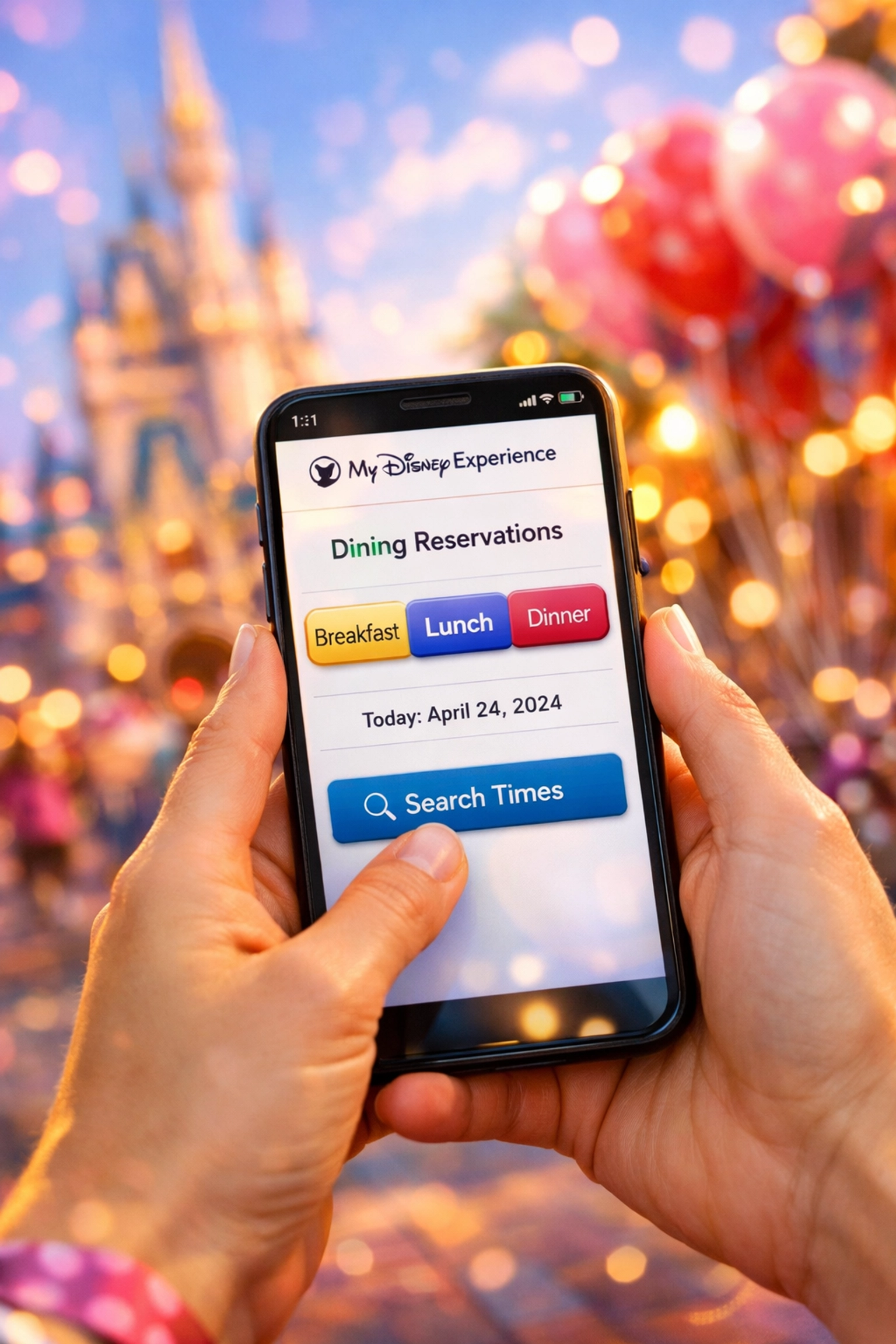 Using My Disney Experience app to toggle between meal times for Disney dining