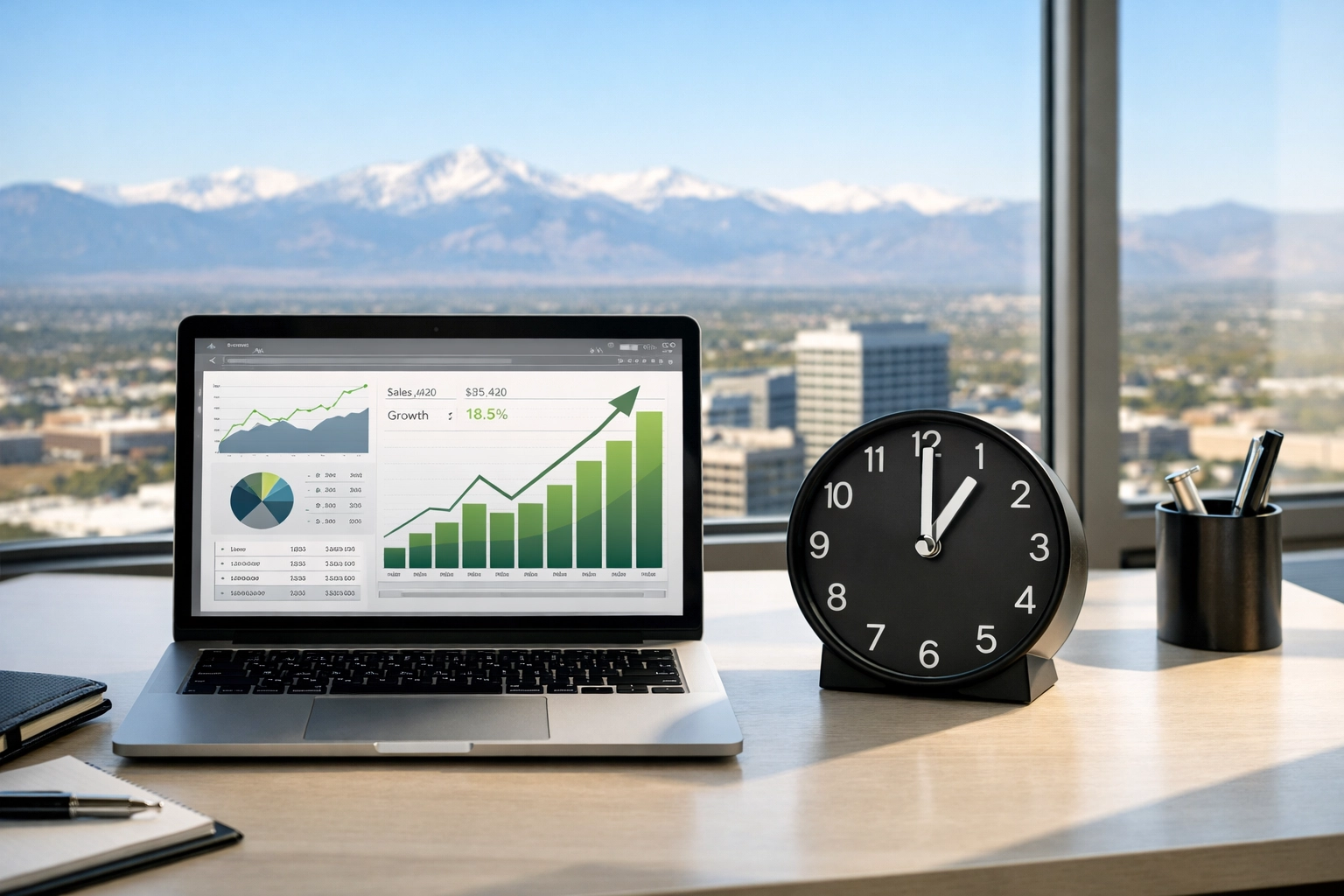 Professional office workspace with a clock set to 1:00 PM showing Dakdan's daily strategic media consistency.