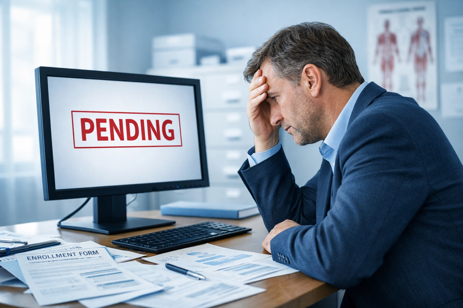 Healthcare administrator reviewing pending Medicaid provider enrollment status at desk