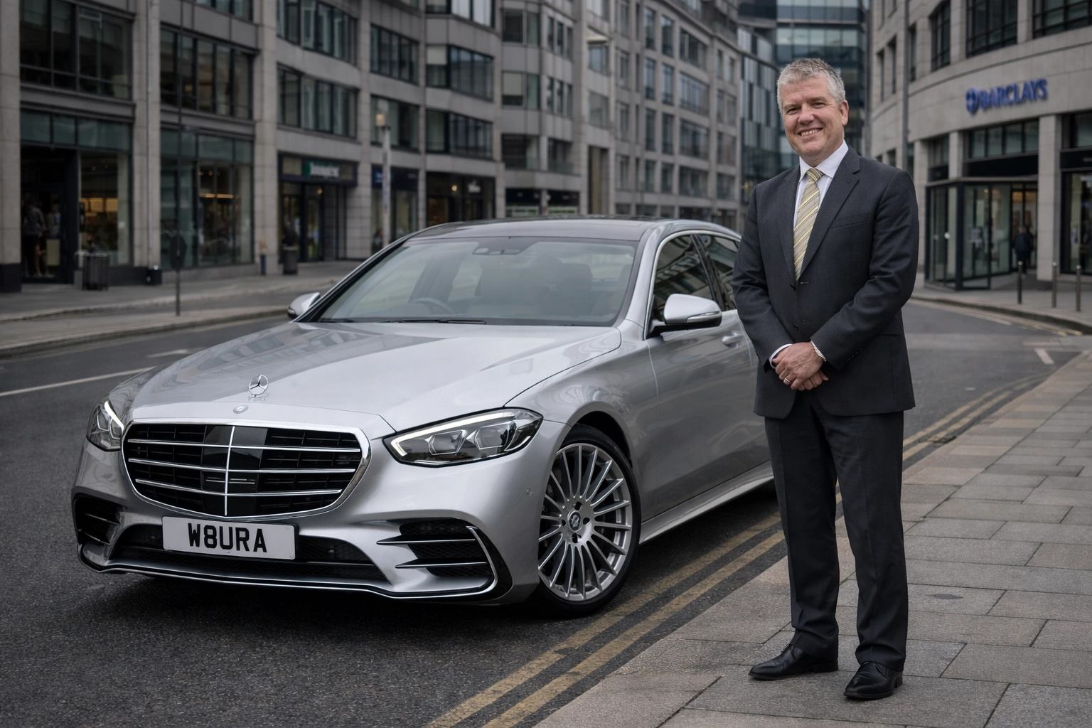 Professional chauffeur standing beside a silver Mercedes-Benz S-Class W223 with W8URA plate and multi-spoke wheels on a road in Nottingham.