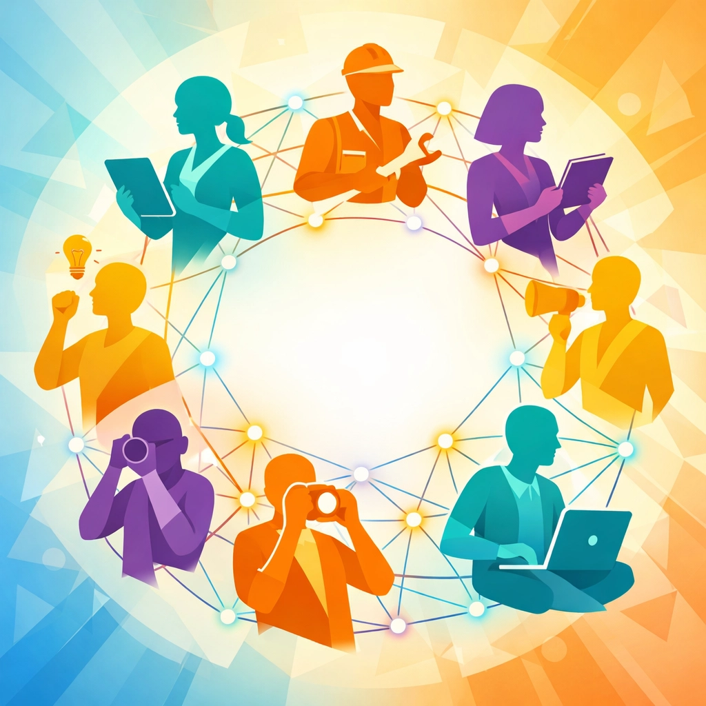 Diverse target audience network showing connected digital product customers and niche markets