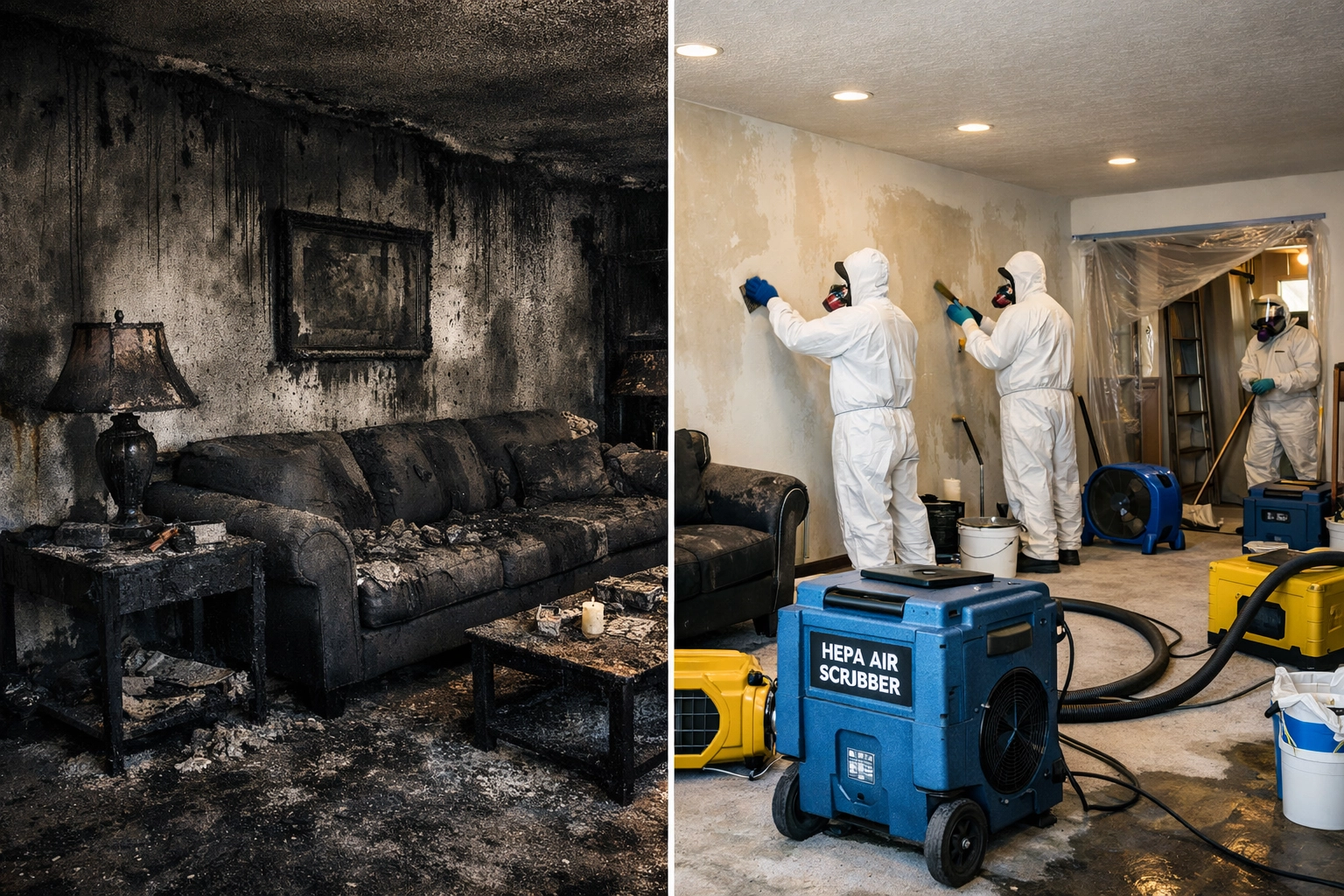 Before and after fire damage cleanup showing smoke removal with professional restoration equipment
