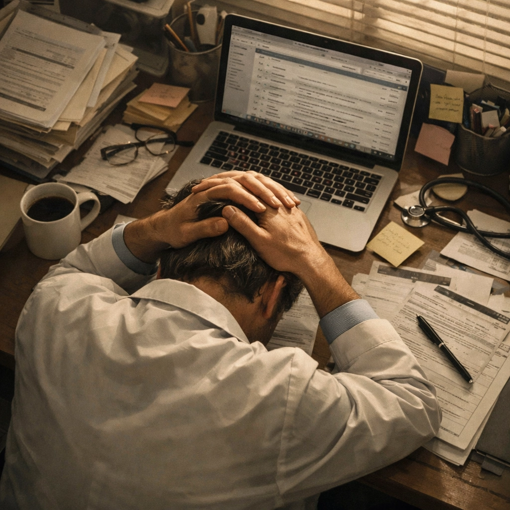 Overwhelmed healthcare practice owner buried in paperwork and administrative tasks at cluttered desk