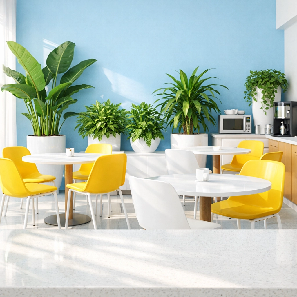 Bright modern breakroom cleaned with eco-friendly solutions for a healthy workplace in Hudson, MA.