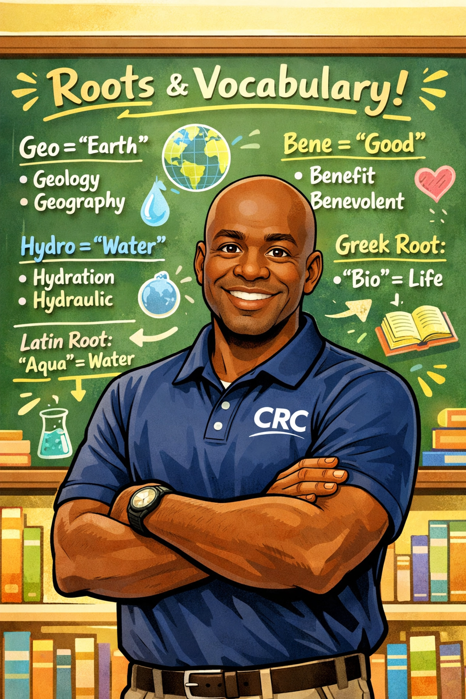 Professor Antonio teaching vocabulary and etymology at chalkboard for Pinellas County youth literacy program