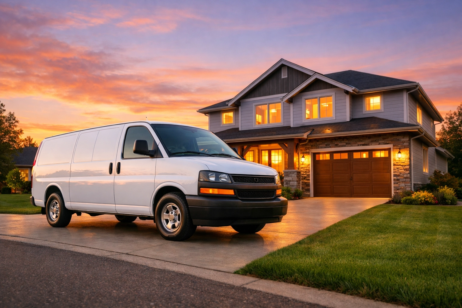 A professional HVAC service van parked in a driveway, illustrating business growth through 24/7 emergency call coverage.