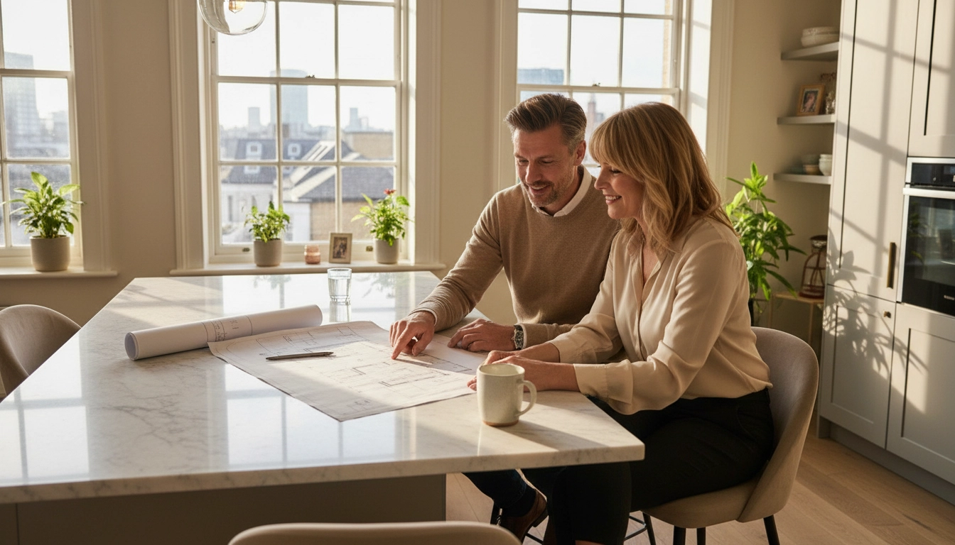 Couple in a bright kitchen, smiling while reviewing blueprints on a marble table. Plants and large windows in the background. Warm, cozy mood.