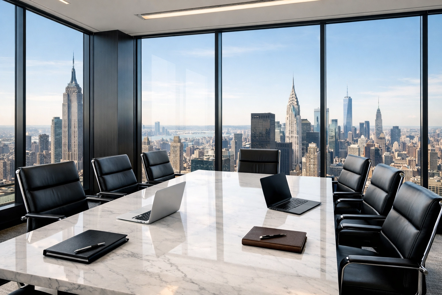 Executive boardroom with city skyline view for Dakdan Worldwide strategic consulting and client meetings.