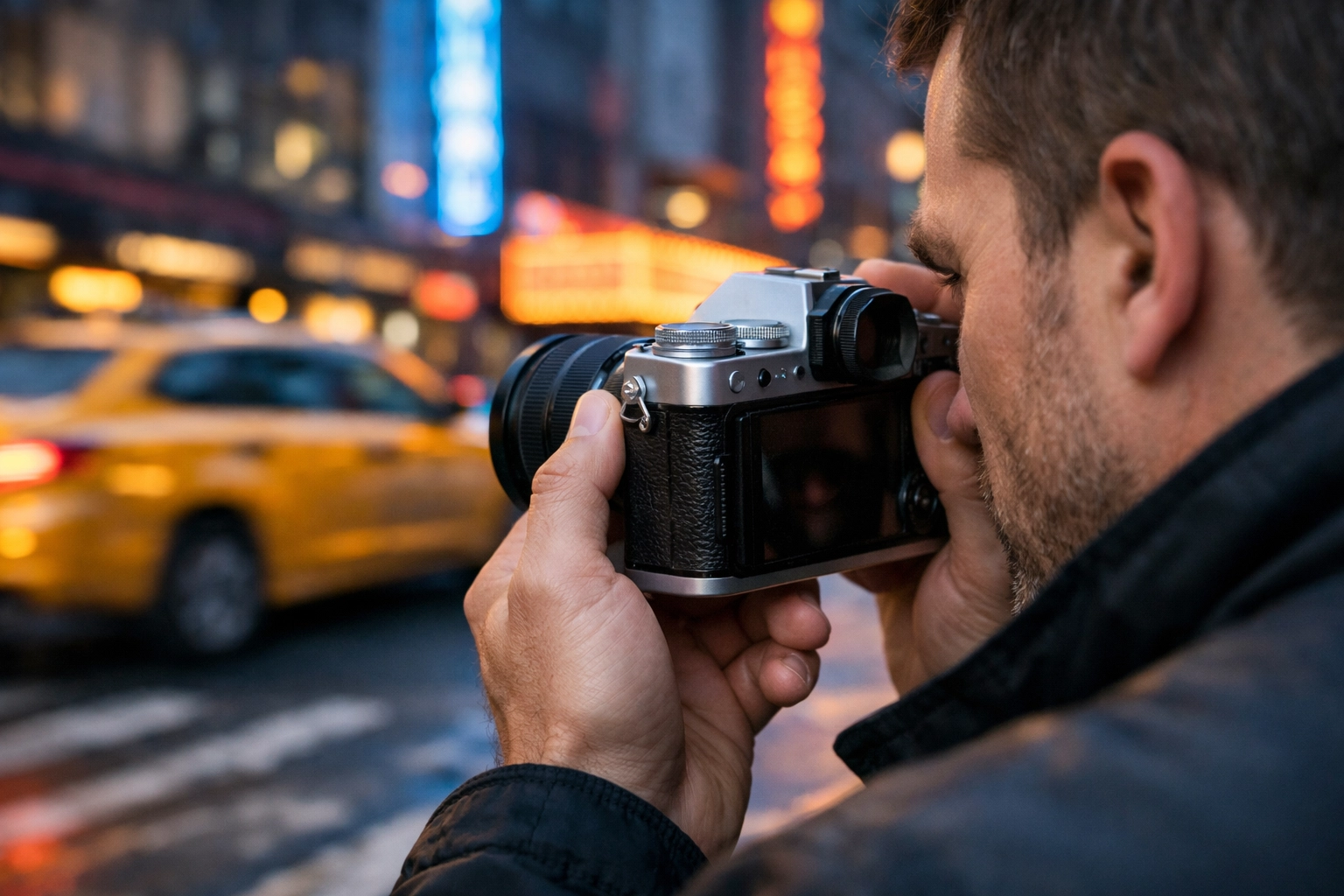 Street photography ideas captured with a compact mirrorless camera in a vibrant city setting.