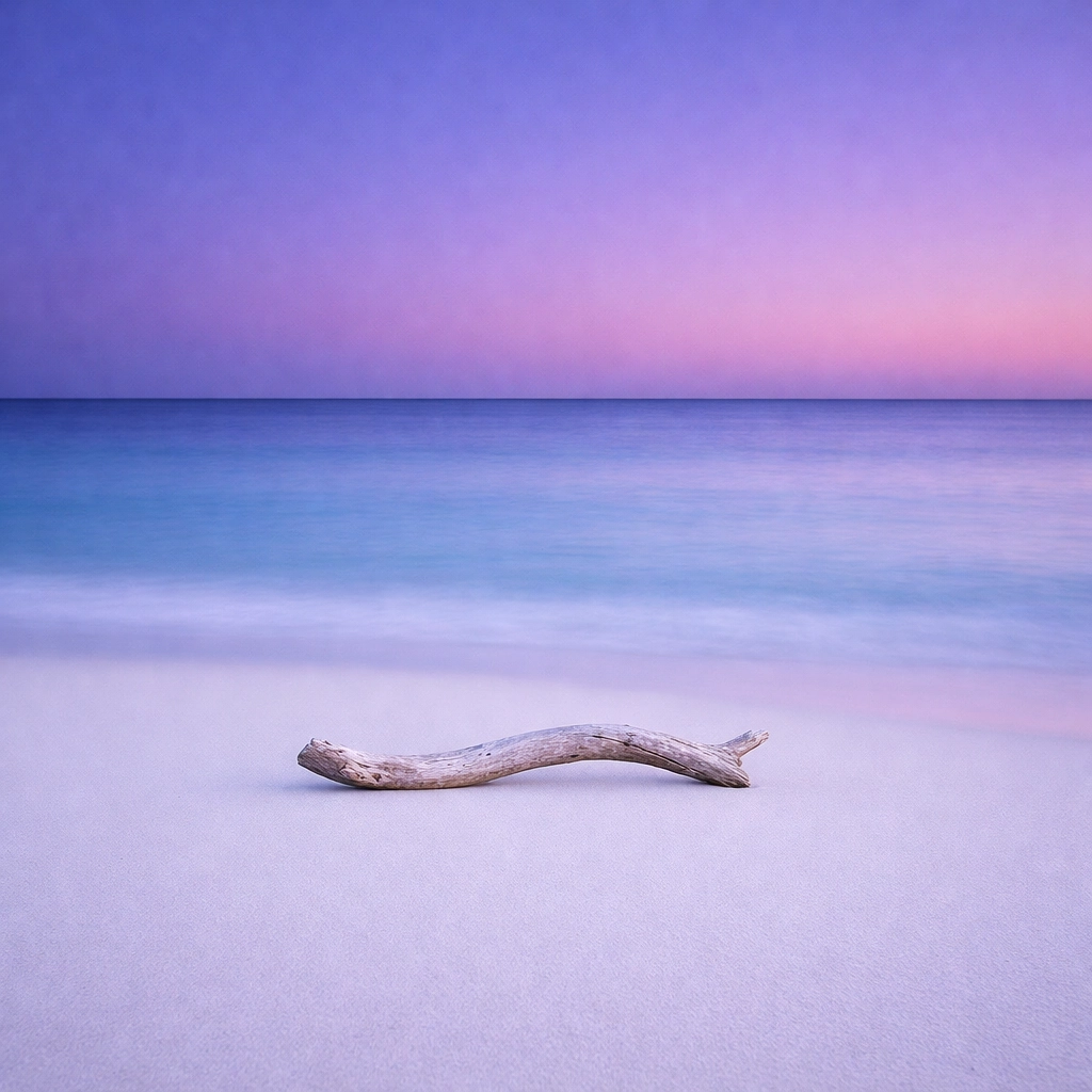 A clean beach landscape photography shot at twilight with driftwood and smooth water, free of distracting elements.