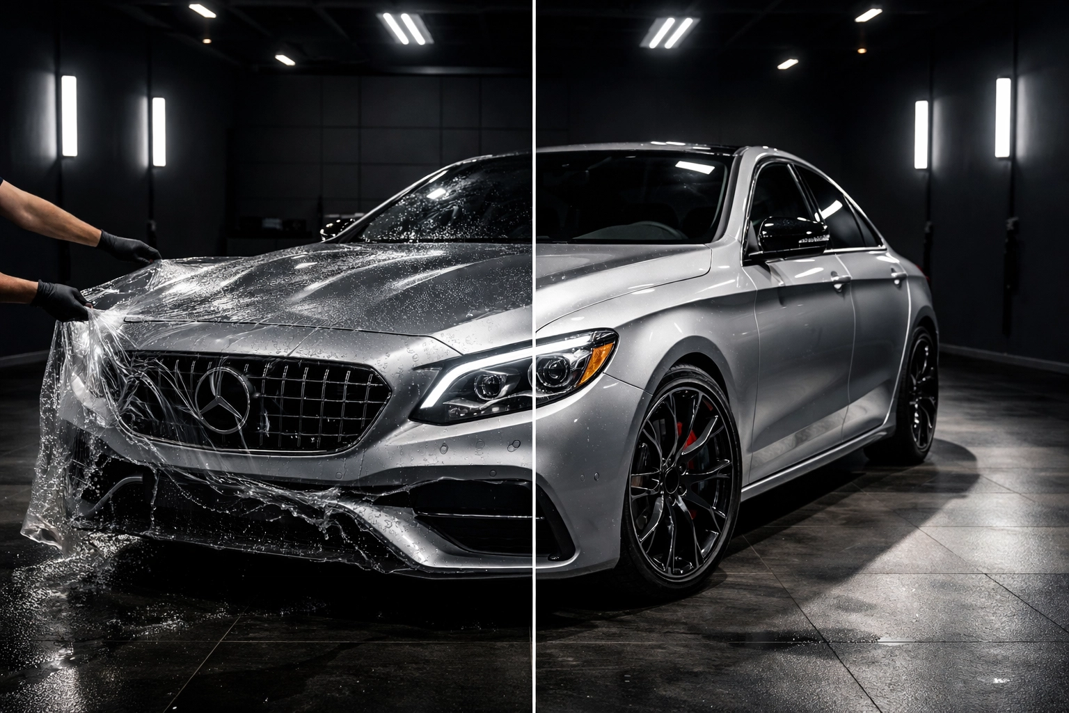 Luxury sedan in detailing studio with PPF applied on one side and ceramic coating on the other, highlighting optimal paint protection options in Louisville