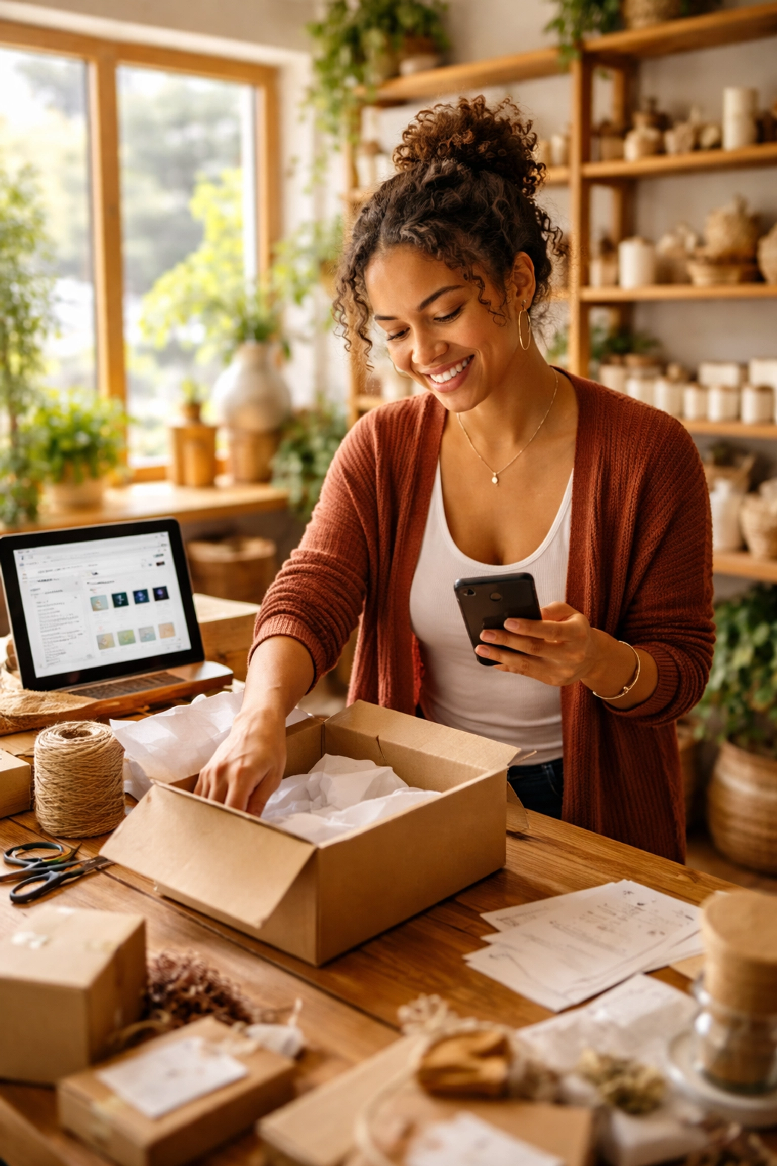 Small business owner packages product and checks social media in a boutique, illustrating agile multichannel marketing.