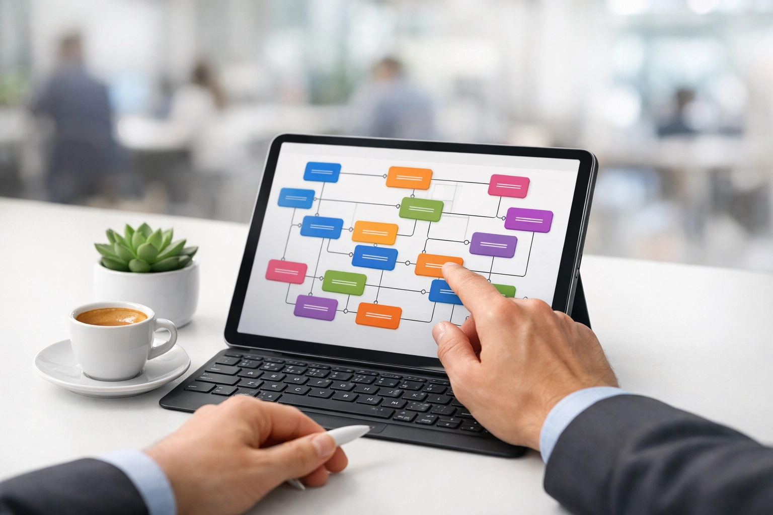 Close-up of a digital flowchart on a tablet representing business automation and systems.