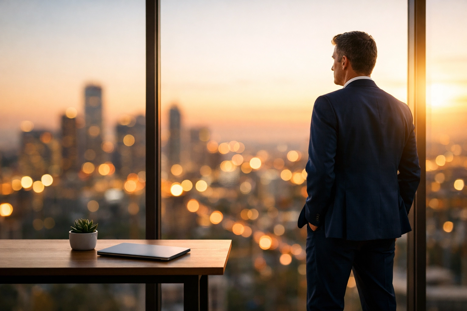 Entrepreneur in a modern office looking at a skyline, achieving freedom through a scaled business automation strategy.