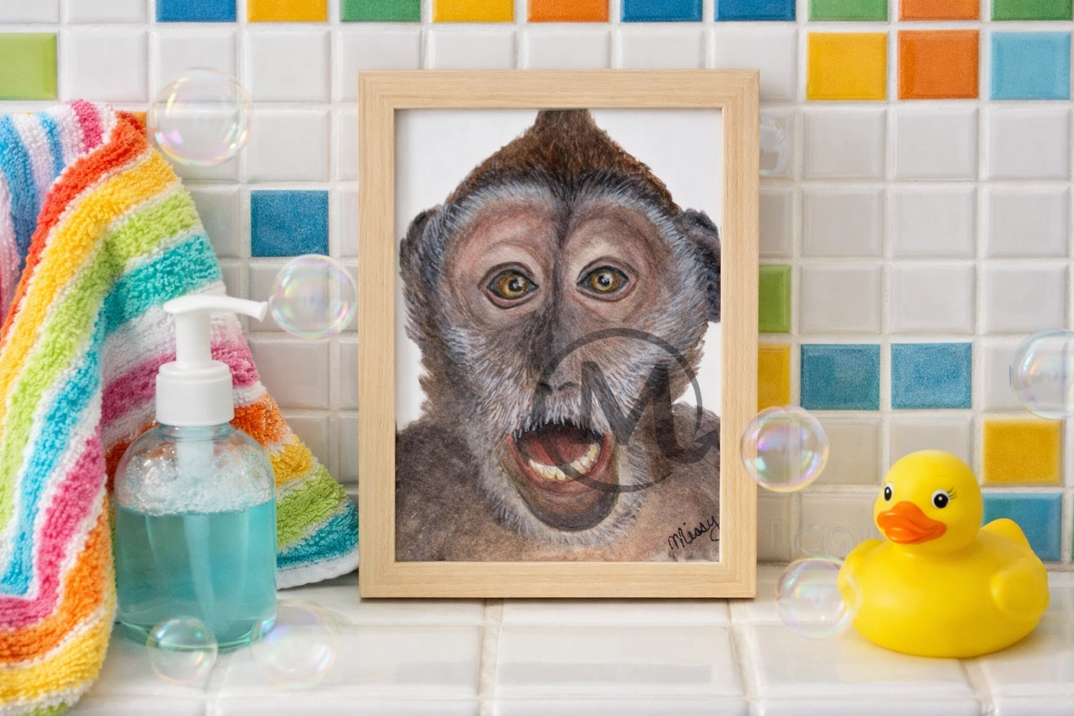 Lifestyle mockup of Missy’s signed surprised monkey watercolor print framed in a whimsical bathroom setup