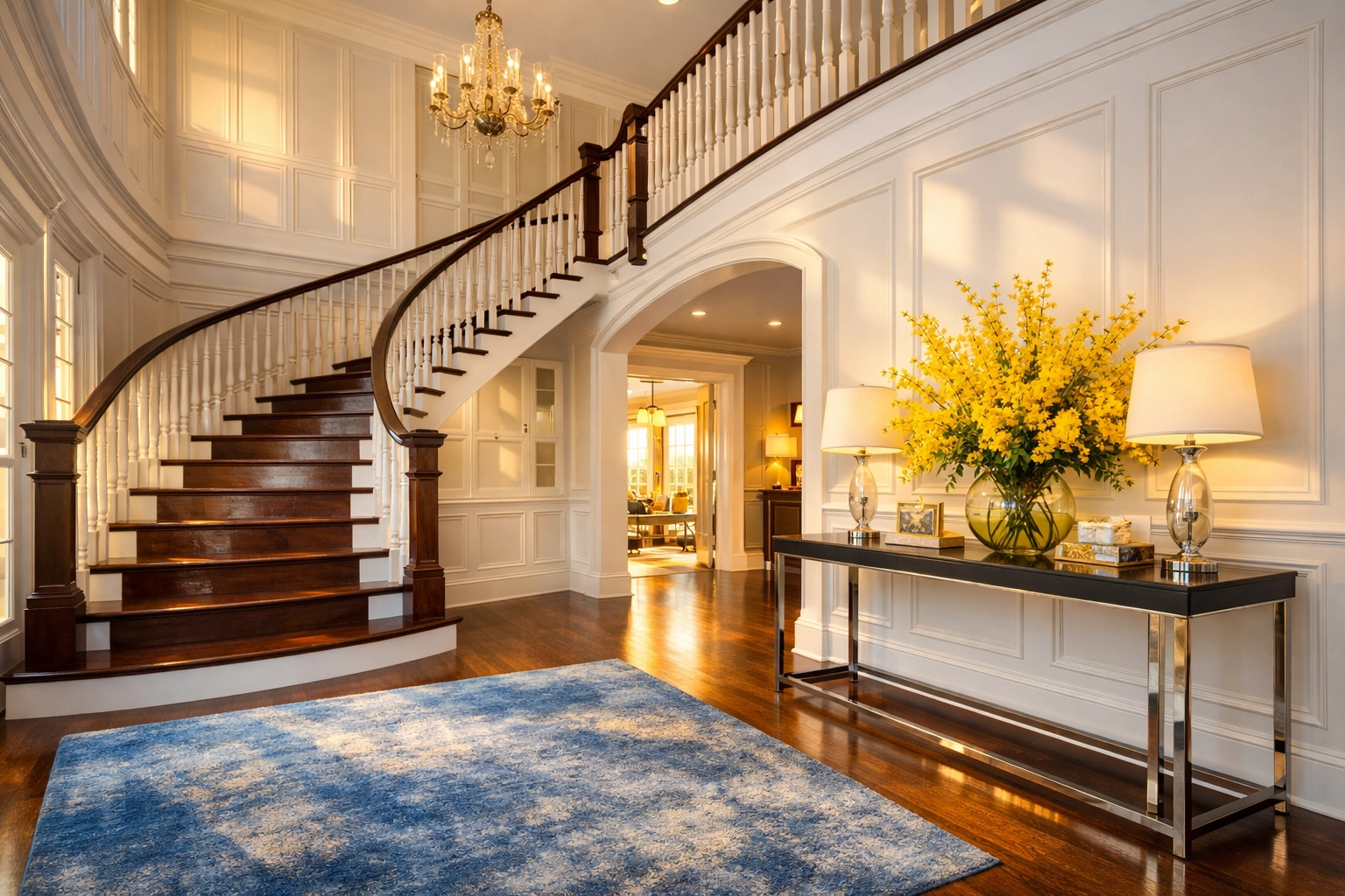 Impeccably clean grand entryway and stairs in a Lexington home after professional residential cleaning Lexington MA.