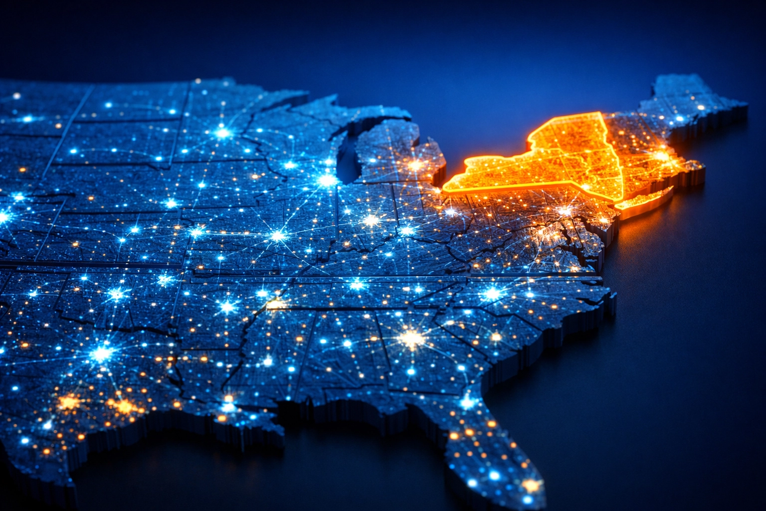 Map of United States highlighting New York's 49% higher electricity rates compared to national average
