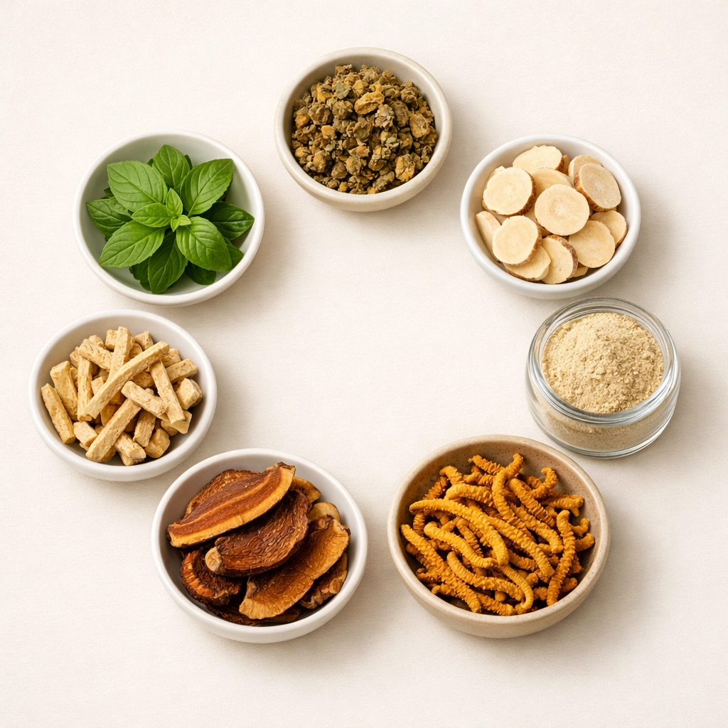 Seven adaptogenic herbs for stress relief including ashwagandha, rhodiola, and holy basil