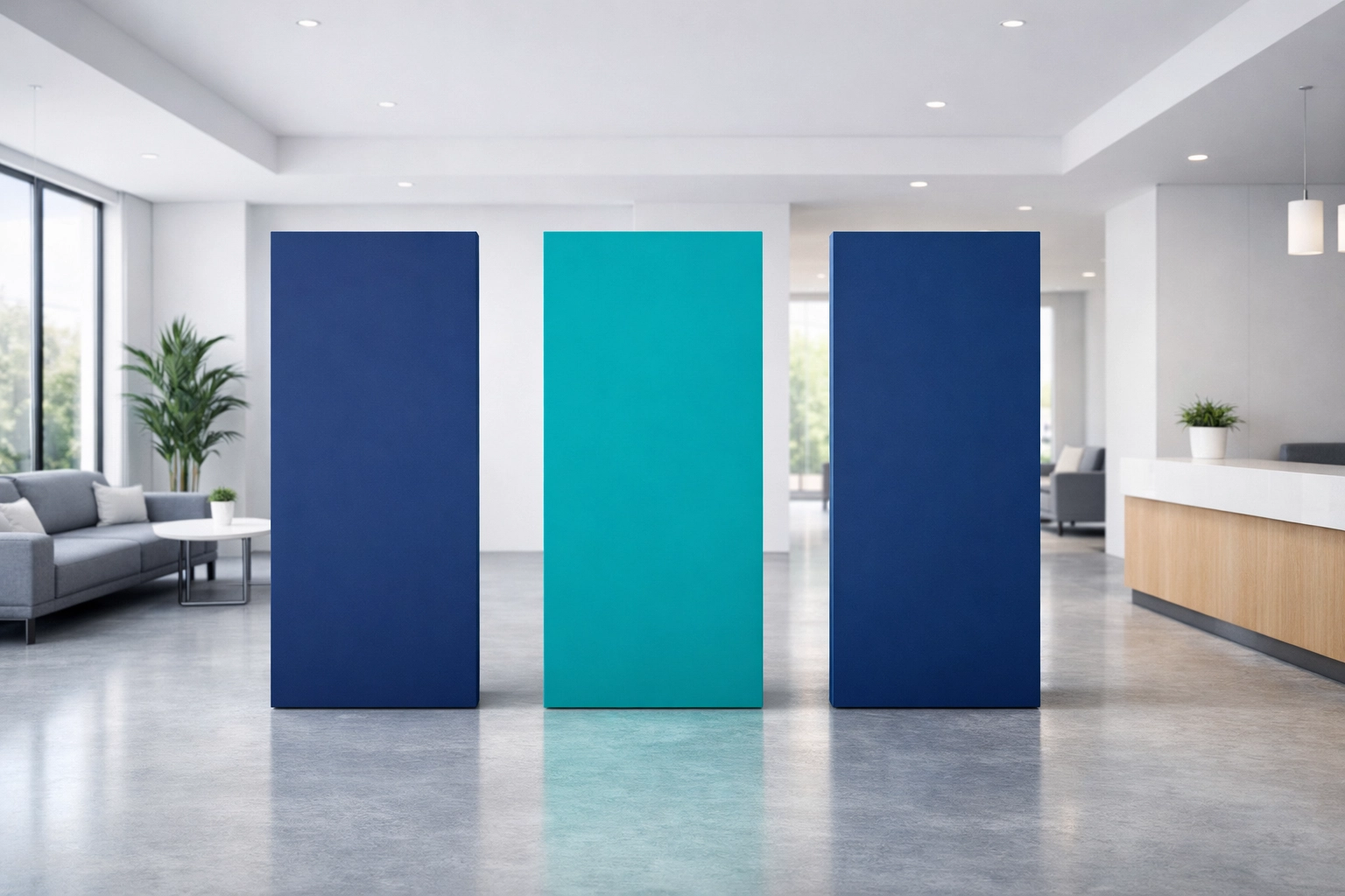Modern office lobby with pillars representing stable budgeting and planning, navy and teal accents, bright natural light, minimal distractions, landscape