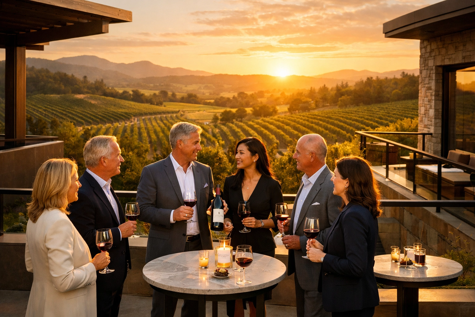 Business executives networking at private Napa Valley vineyard during corporate hospitality event