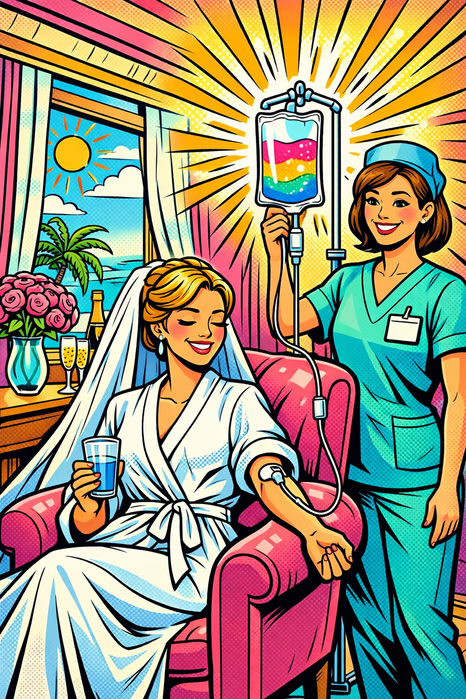 Bride receiving mobile IV therapy treatment from nurse in comfortable hotel room setting