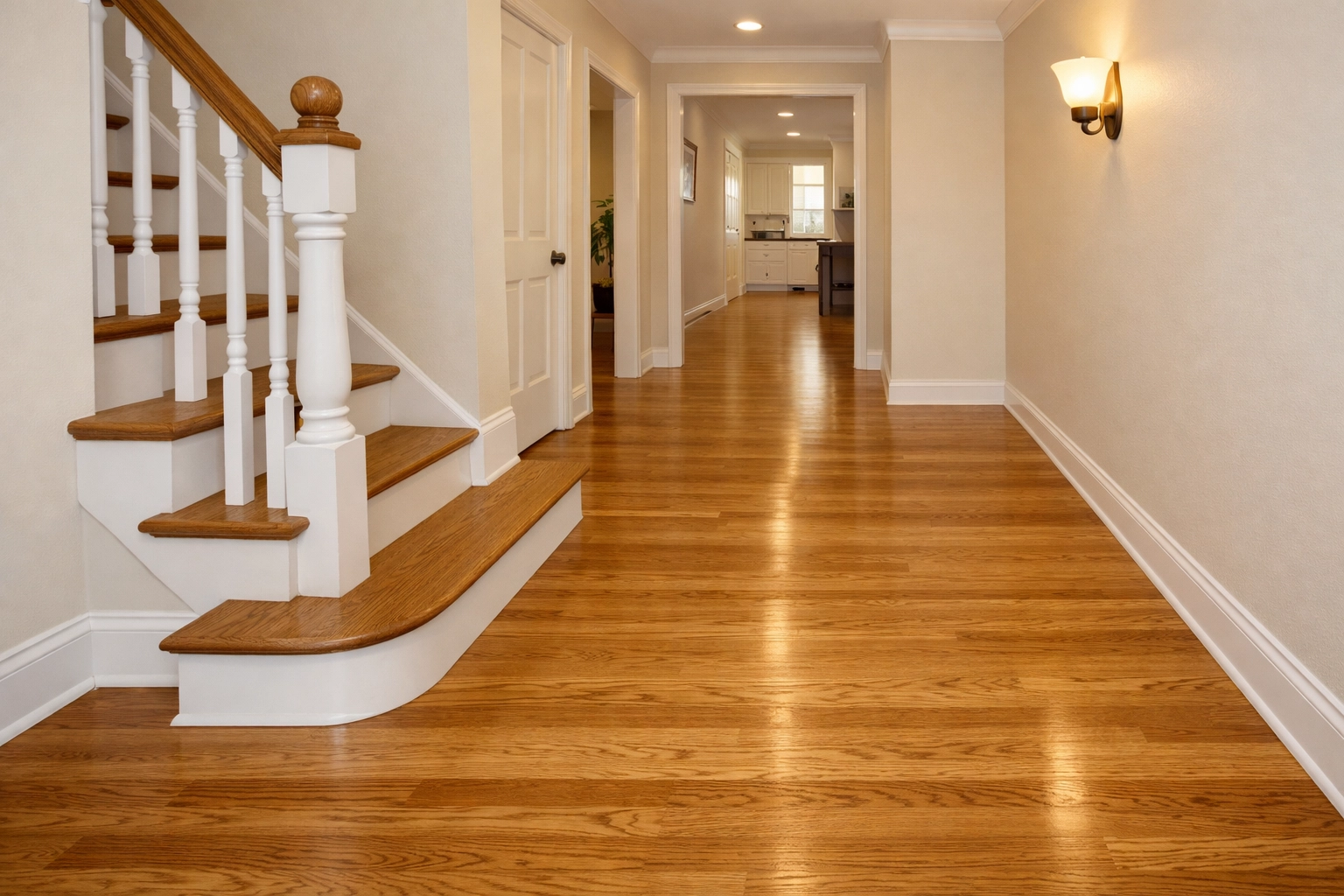 Clear and well-lit stair landing with smooth floor transitions to prevent falls.