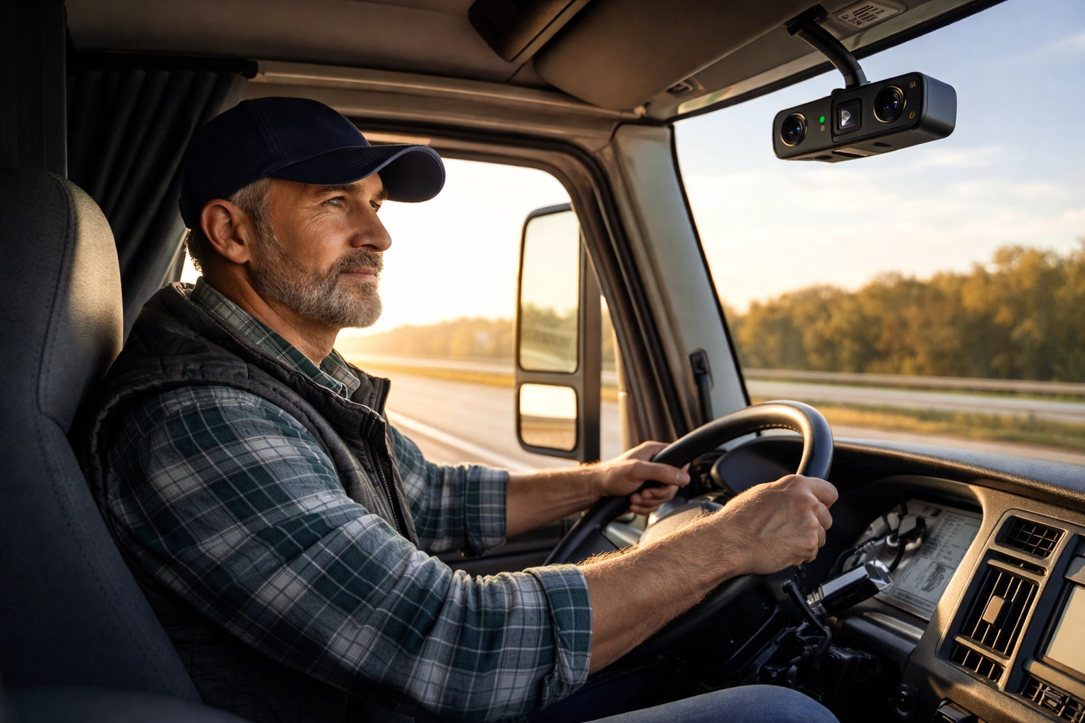 Driver in a truck cabin with AI dash camera, focused on the road ahead, illustrating fleet safety technology for accident protection and evidence collection.