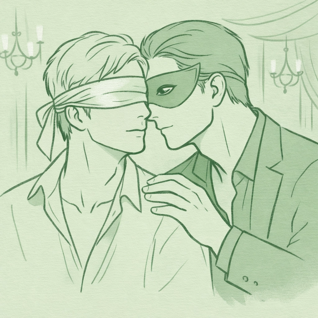 Two men connect intimately at masked event, one blindfolded - MM romance and vulnerability