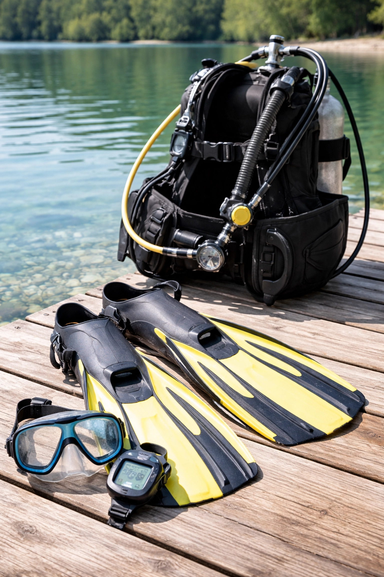 Tauchausrüstung wie Maske, Flossen und Tauchcomputer auf Steg am See – die ideale Reihenfolge für Einsteiger.