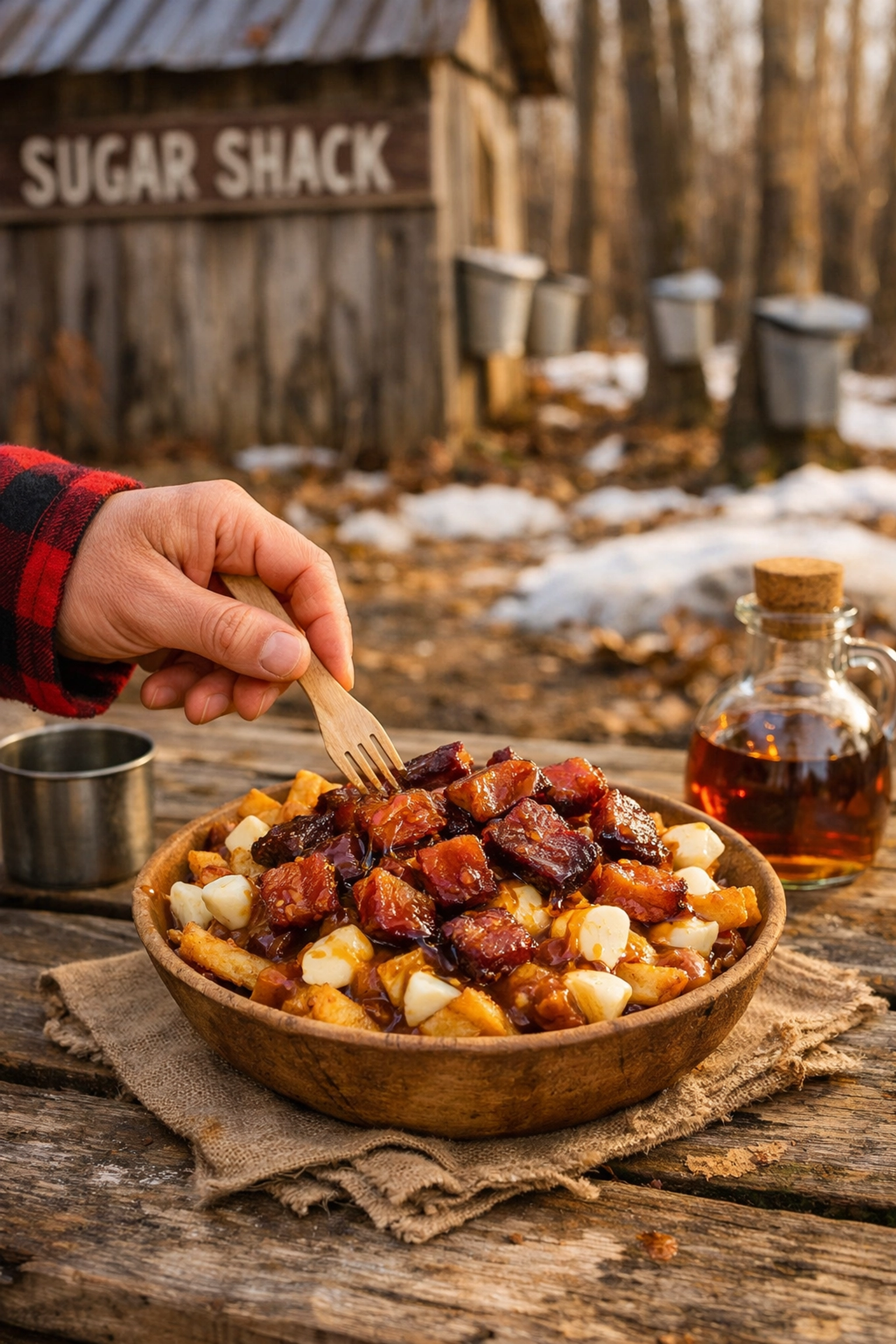 Authentic sugar shack poutine with maple-smoked bacon and syrup served outdoors during Montreal spring.
