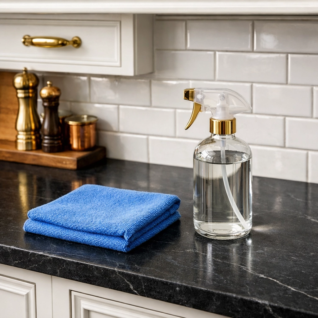Detailed view of soapstone countertops and white cabinetry in a luxury house cleaning session in Groton.