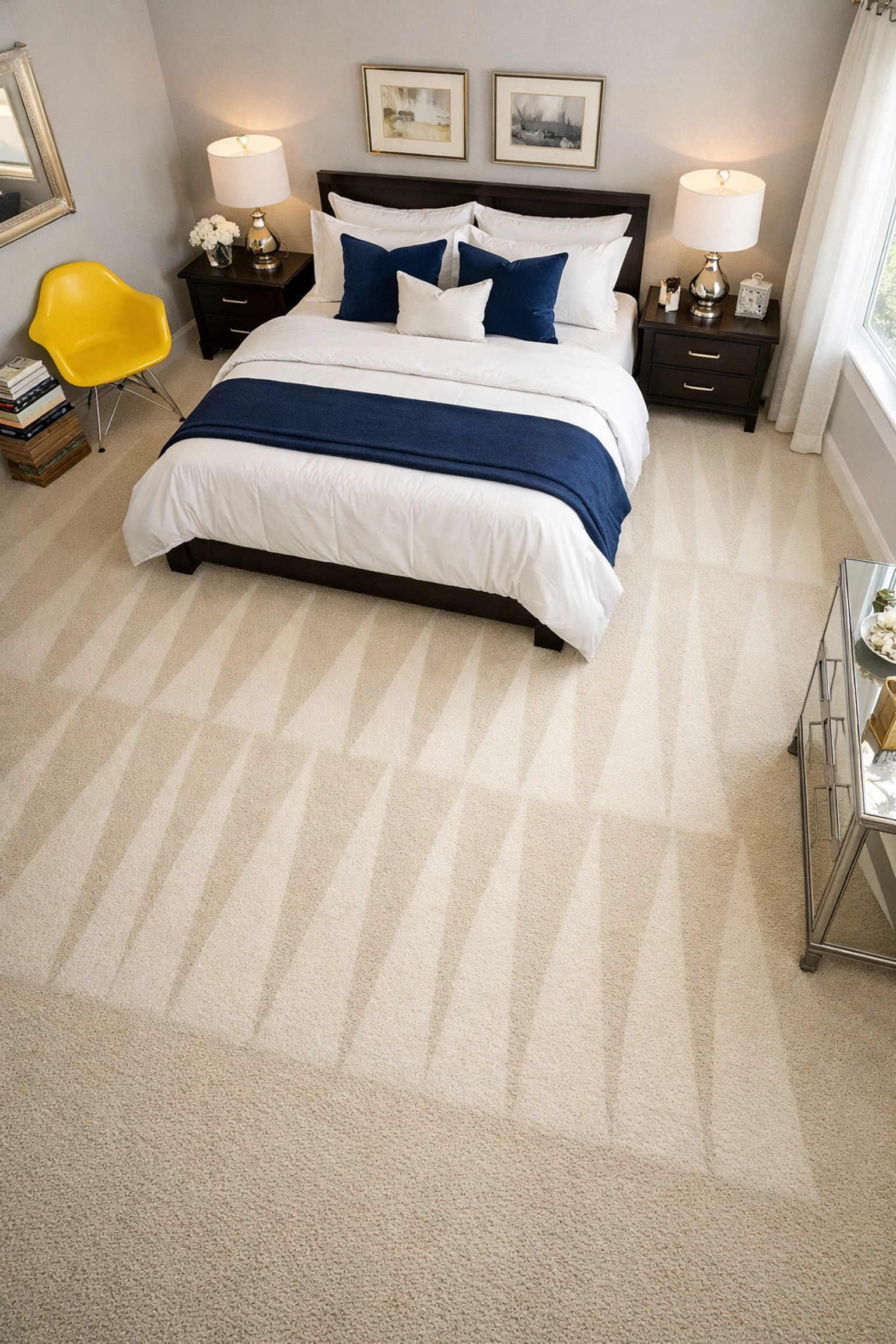 Luxury master bedroom featuring sharp vacuum lines and crisp linens from a recurring house cleaning ninja strike.