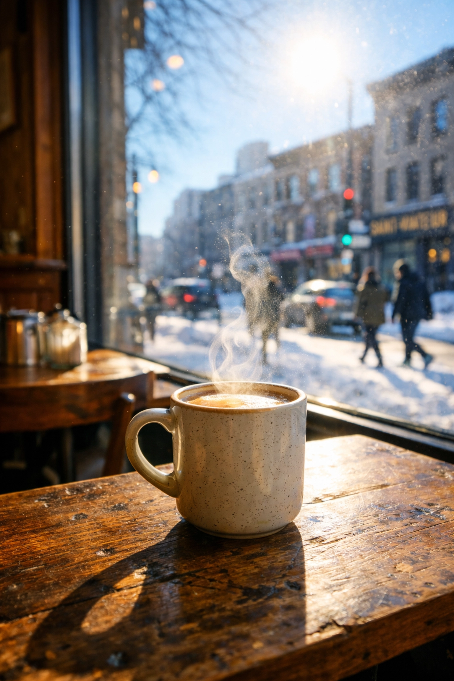 Steaming coffee at a sunny Montreal café window, perfect for warming up from the cold.