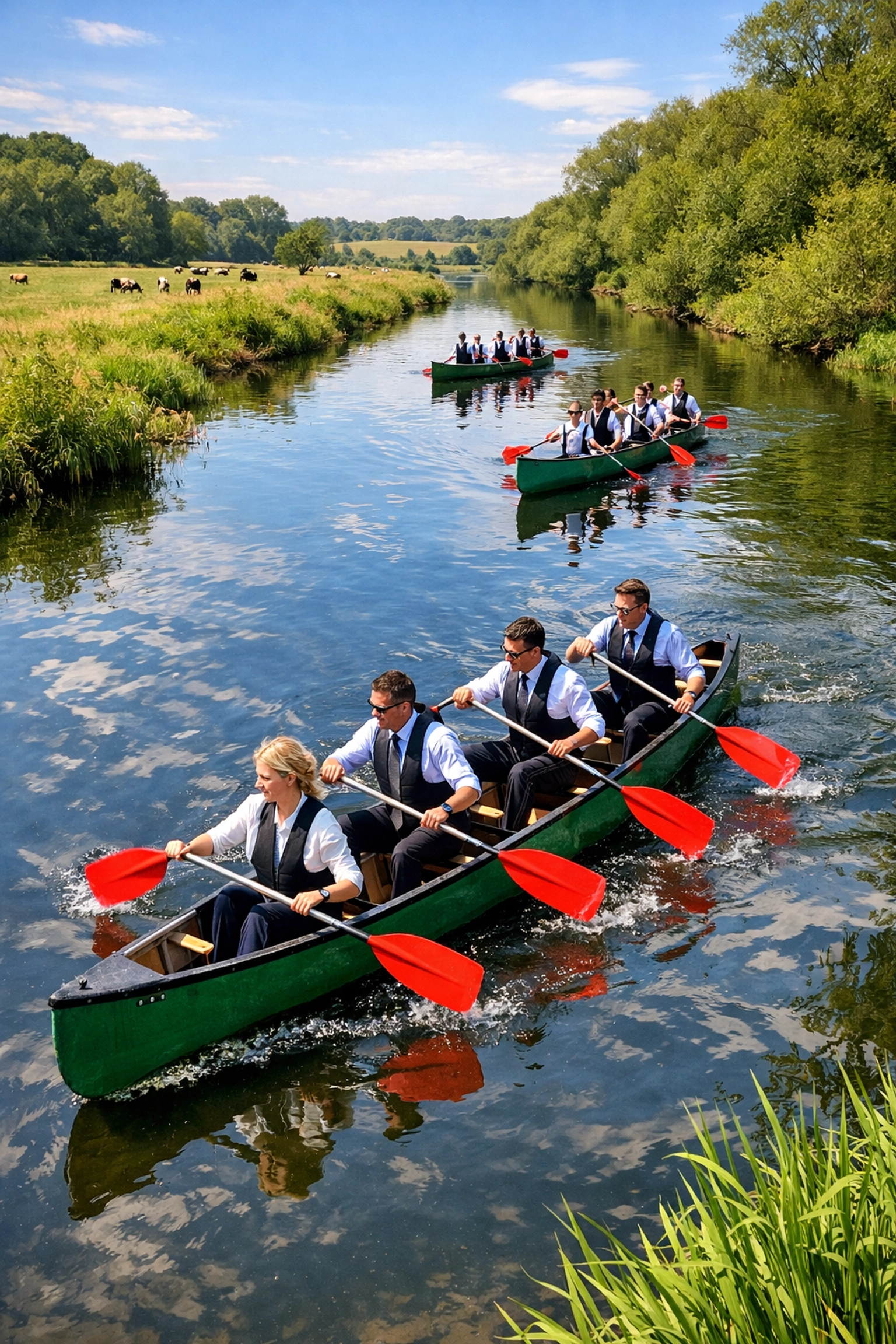 Team building canoe activity with corporate group paddling on calm UK river