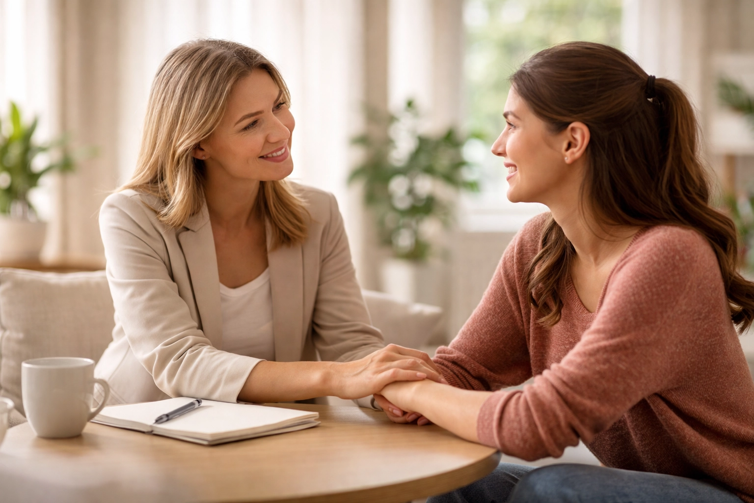 A surrogate and a supportive professional discuss compensation details in a welcoming office, illustrating ethical guidance.