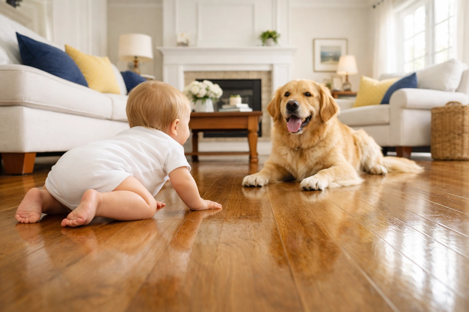 Toddler and dog on clean hardwood floors in a Leominster home using eco-friendly cleaning.