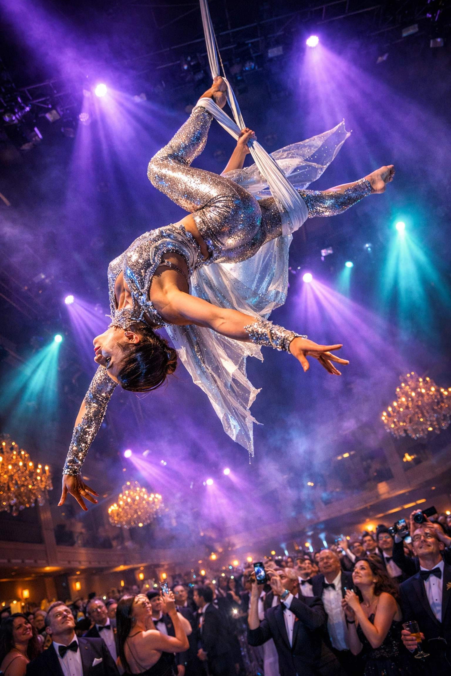 A dramatic cirque aerialist performance under spotlights providing high-impact entertainment for a corporate gala.