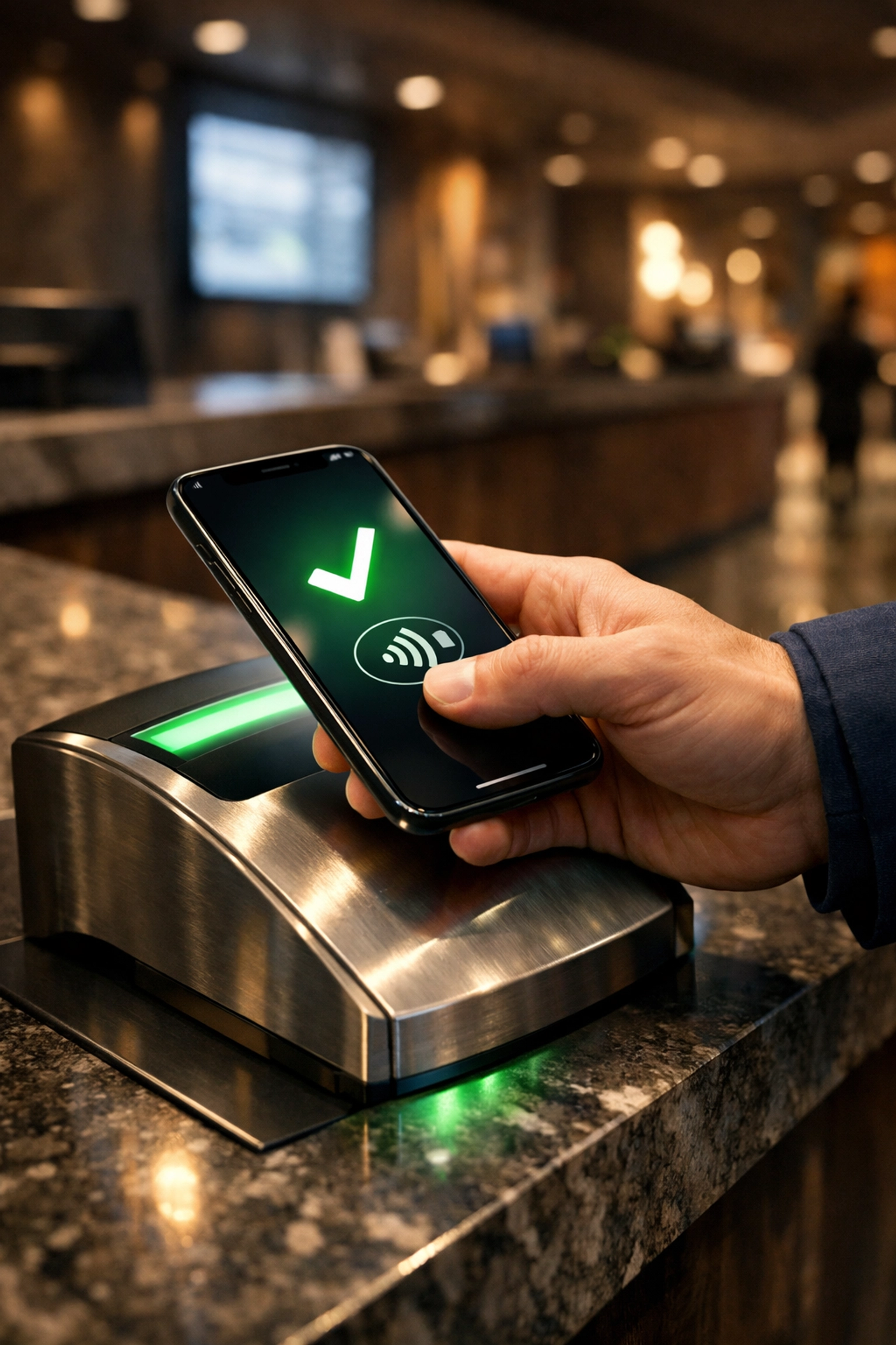 Visitor making a secure mobile payment at a sleek digital terminal in a modern venue.