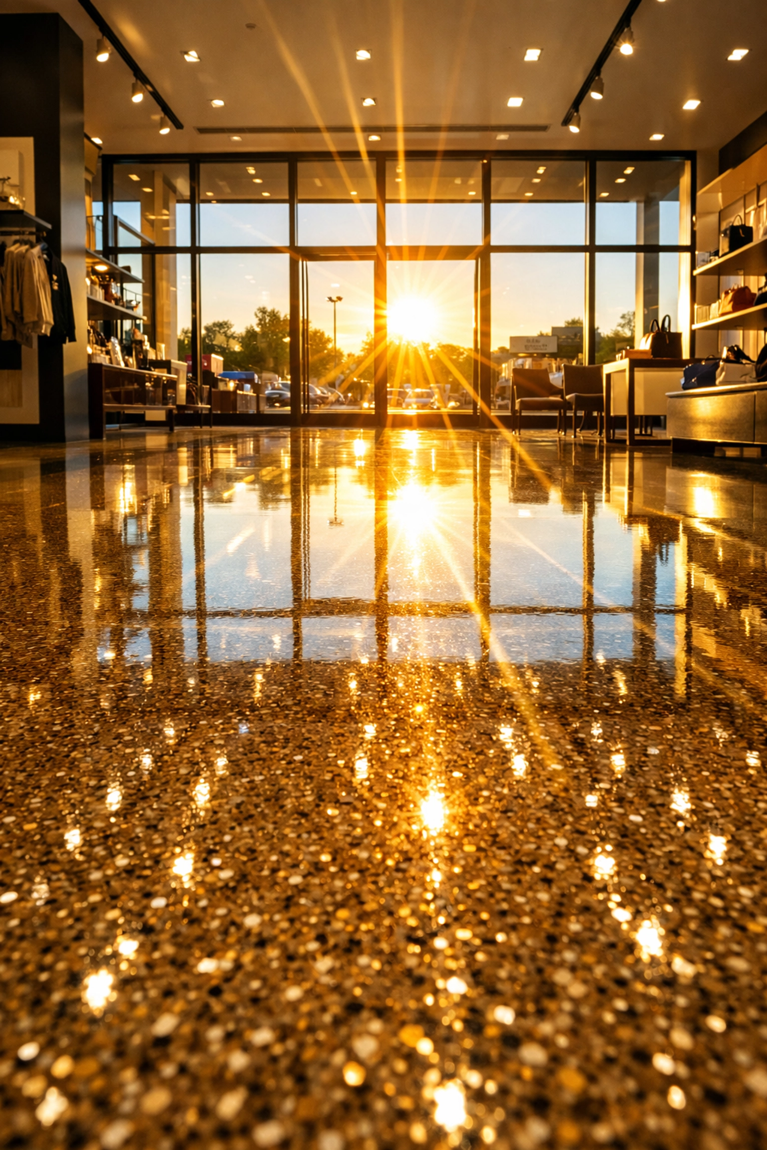 UV stable polyaspartic floor coating with tan flakes reflecting sunlight in a Brandon MS retail storefront window.