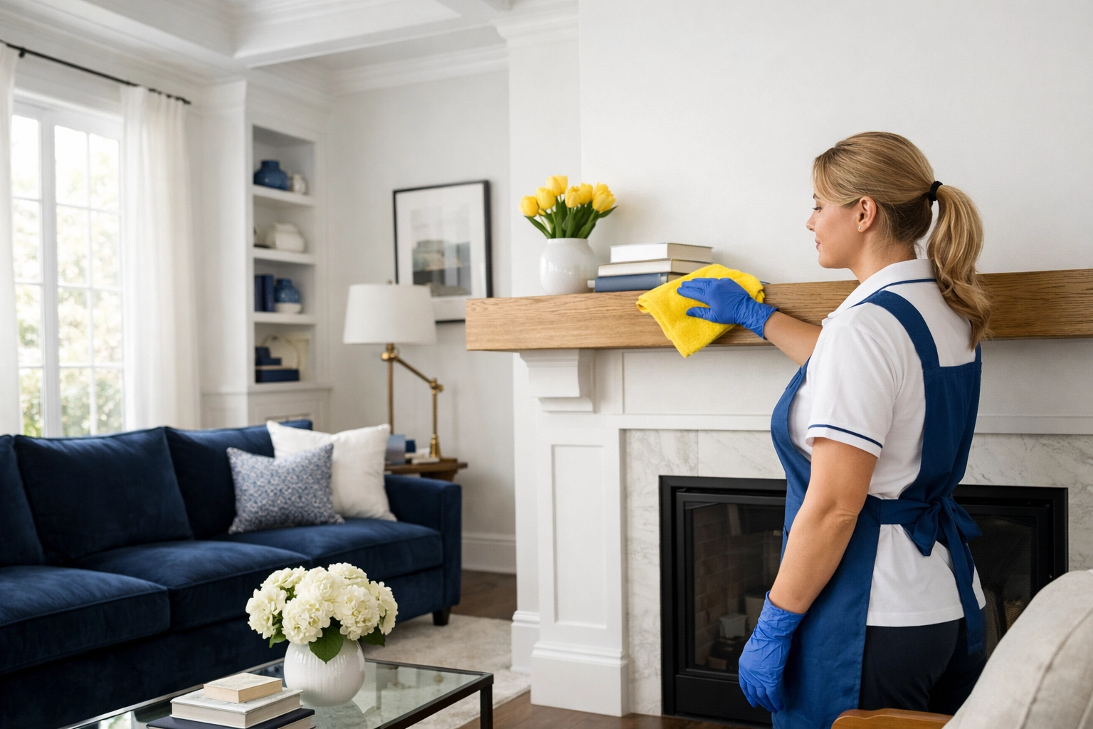 Professional maid service Cambridge team member dusting a modern North Cambridge living room mantle.